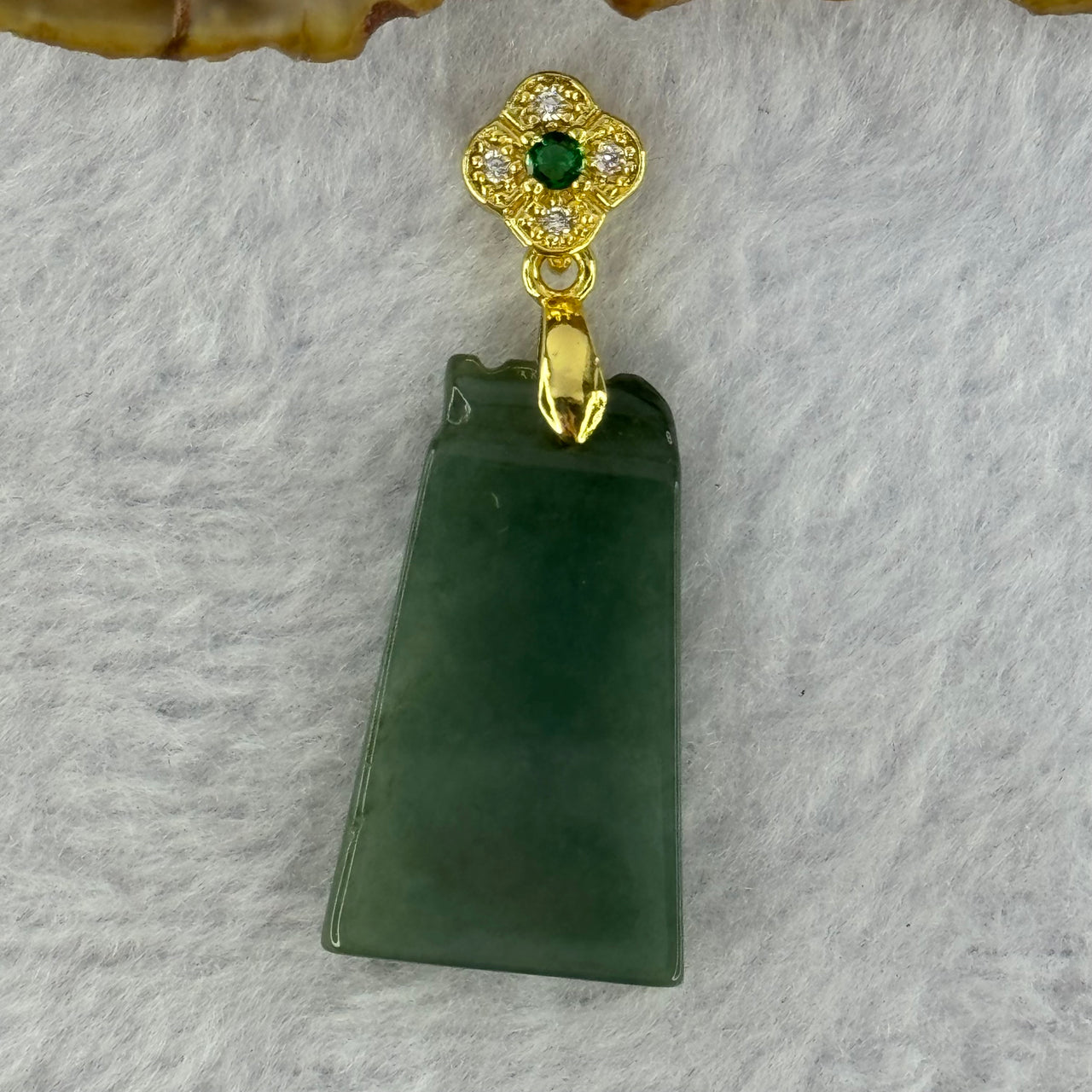 Type A Dark Green Jadeite Wu Shi Pai 29.2 by 17.3 by 4.3mm Silver Gold Color Pendent 6.40g