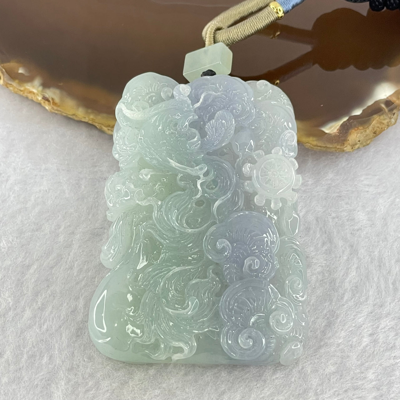 Type A Light Green and Bright Lavender Jadeite Phoenix Ruyi Wheel Pendent 80.00g 62.9 by 44.5 by 13.5mm