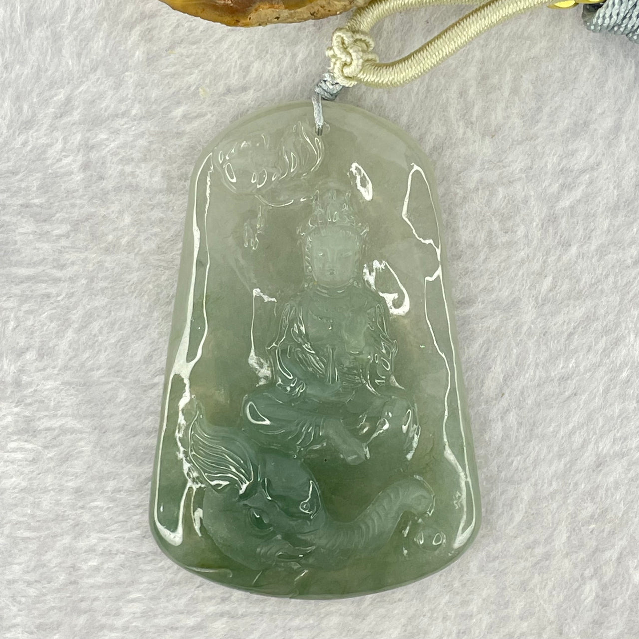 Type A Semi Icy Blueish Green Jadeite Guan Yin With Elephant and Flower Samantha Bodhisattva Pendant 31.38g 58.4 by 38.8 by 7.2mm