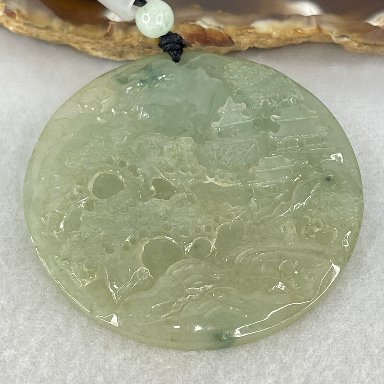 Type A Semi Icy Green Jadeite Double Sided Shan Shui with Gui Ren Benefactor Pendant 28.62g 53.4 by 4.9mm