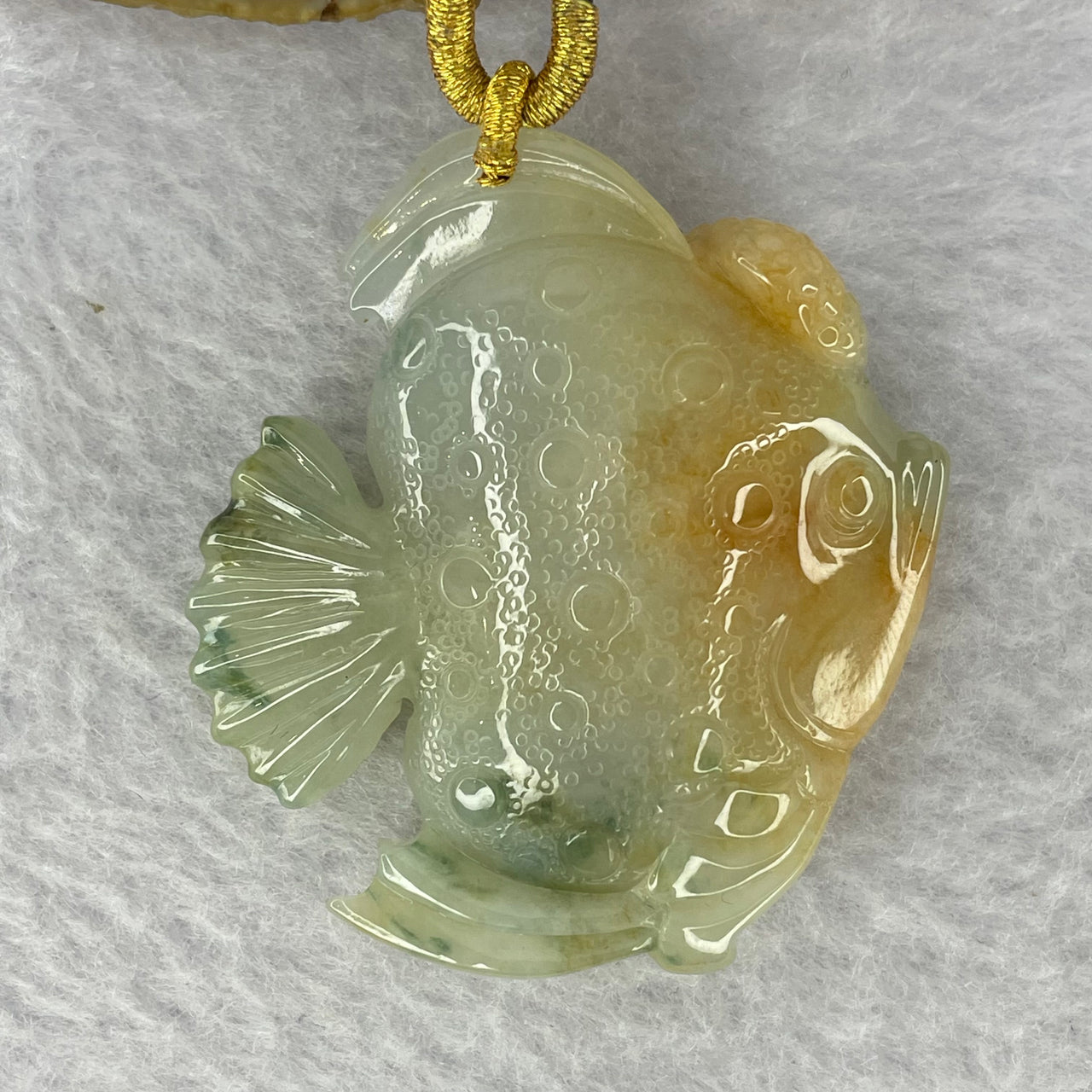 Type A Green Yellow Red with Blueish Green Piao Hua Jadeite Angelfish Pendent 43.67g 51.0 by 45.5 by 13.8 mm - Huangs Jadeite and Jewelry Pte Ltd