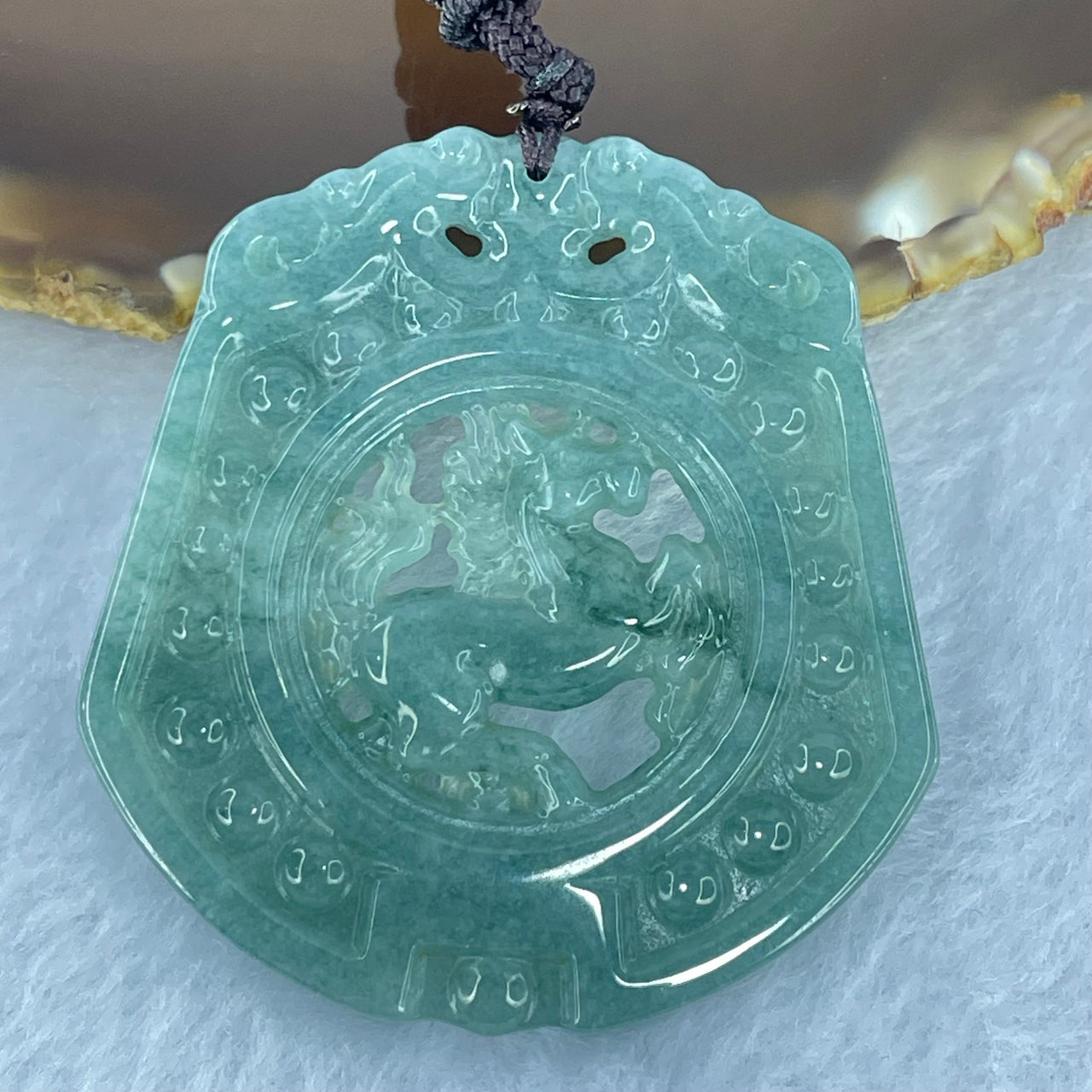 Type A Blueish Green Jadeite Horse Pendant 21.84g 50.7 by 47.8 by 4.4mm