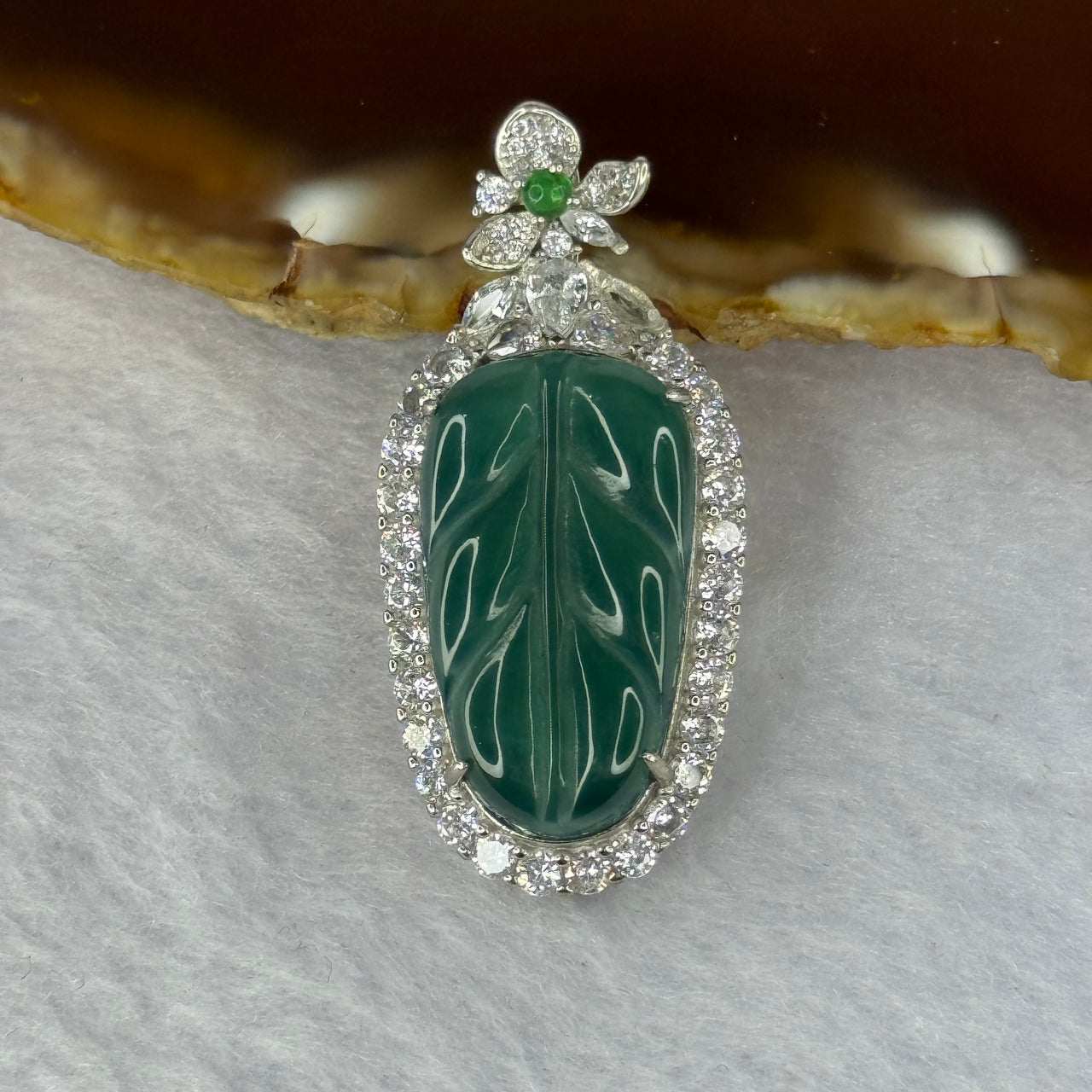 Type A ICY Blueish Green Jadeite Leaf in S925 Silver with Crystals Pendent 7.30g 23.5 by 13.5 by 3.0mm - Huangs Jadeite and Jewelry Pte Ltd