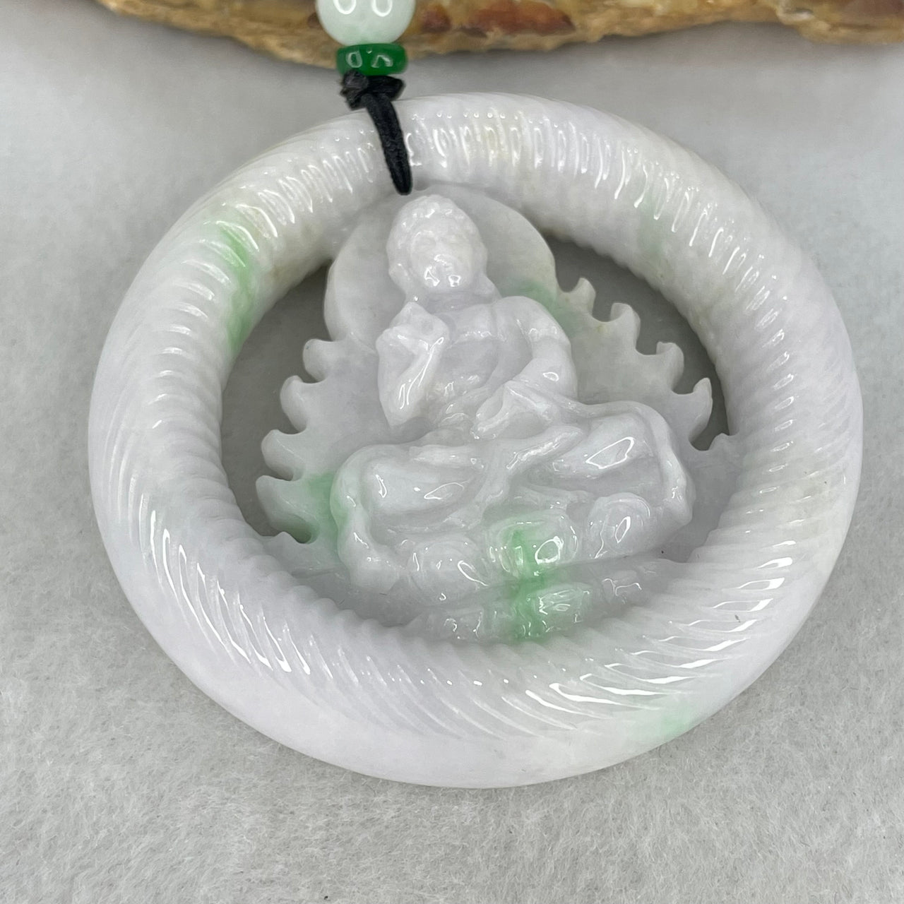 Type A Light Lavender Green Jadeite Buddha Ping An Kou Donut Pendant 74.33g 56.4 by 13.6mm