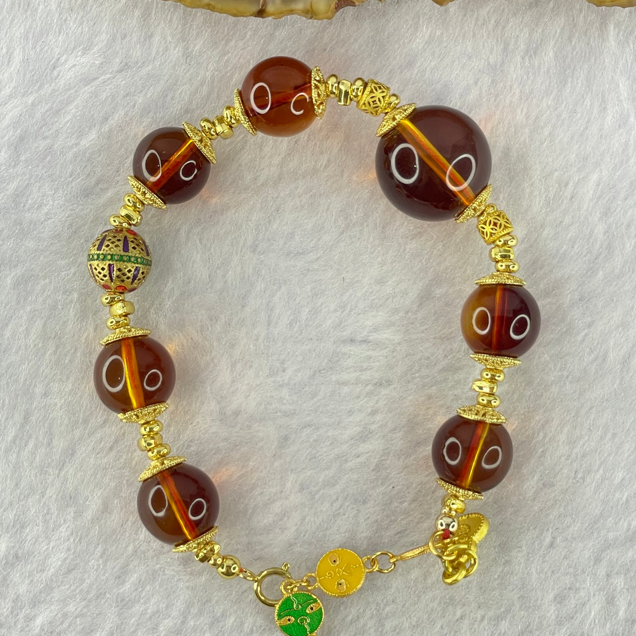 Natural Purple Honey Amber Beads in S925 Gold Color Bracelet 天然紫蜜琥珀手链10.66g 13.8mm 1 Bead 9.8mm 7 Beads