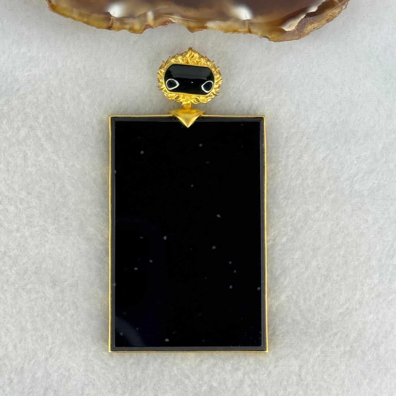 18k Yellow Gold Rare High Grade Fully Translucent Type A Black Jadeite Rectangle Wu Shi Pai Pendant 45.38g 61.8 by 41.2 by 4.8mm