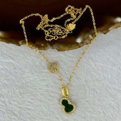 Type A Old Mine Spicy Green Jadeite Hulu with Crystals in S925 Sliver Gold Color Necklace 3.30g 10.1 by 7.0 by 1.0mm