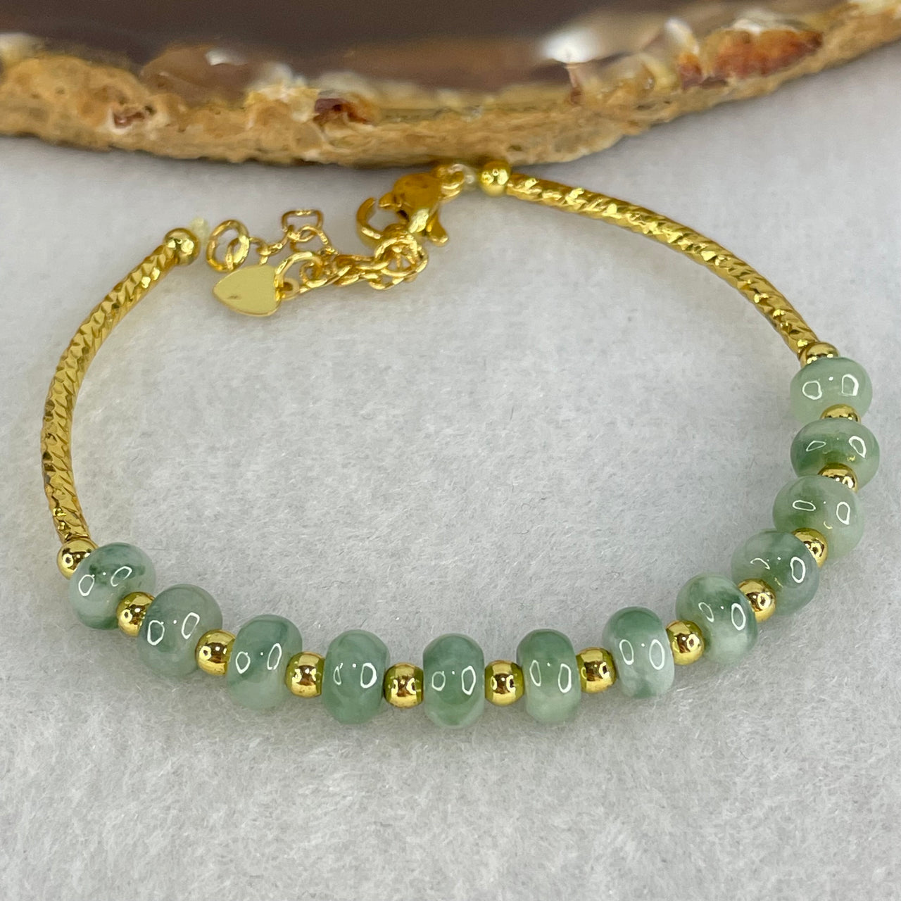 Type A Green Piao Hua Jadeite Mini Donuts with Gold Color Bracelet 5.60g 4.1 by 5.8mm 12pcs