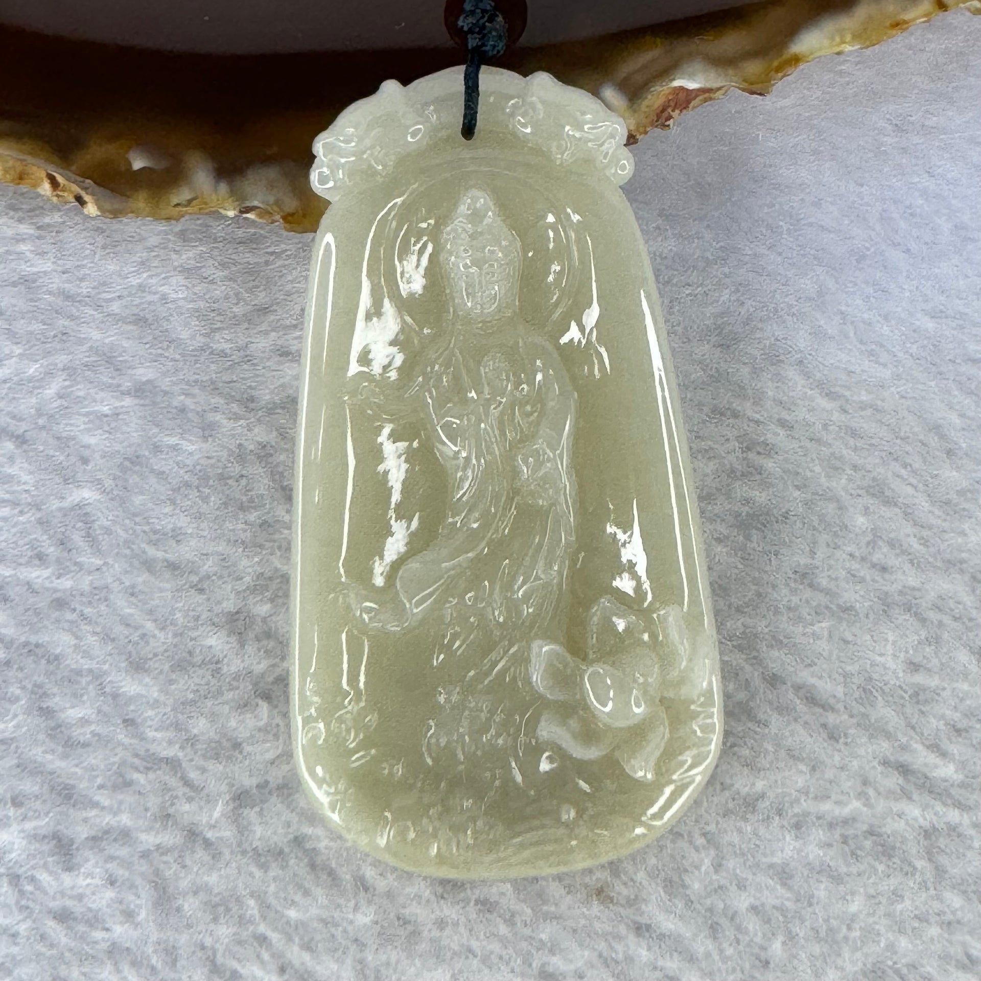 Type A Light Brownish Yellow Jadeite Guan Yin with Lotus Flower and Double Dragon Heads Pendent 24.38g 57.7 by 30.7 by 6.8 mm - Huangs Jadeite and Jewelry Pte Ltd