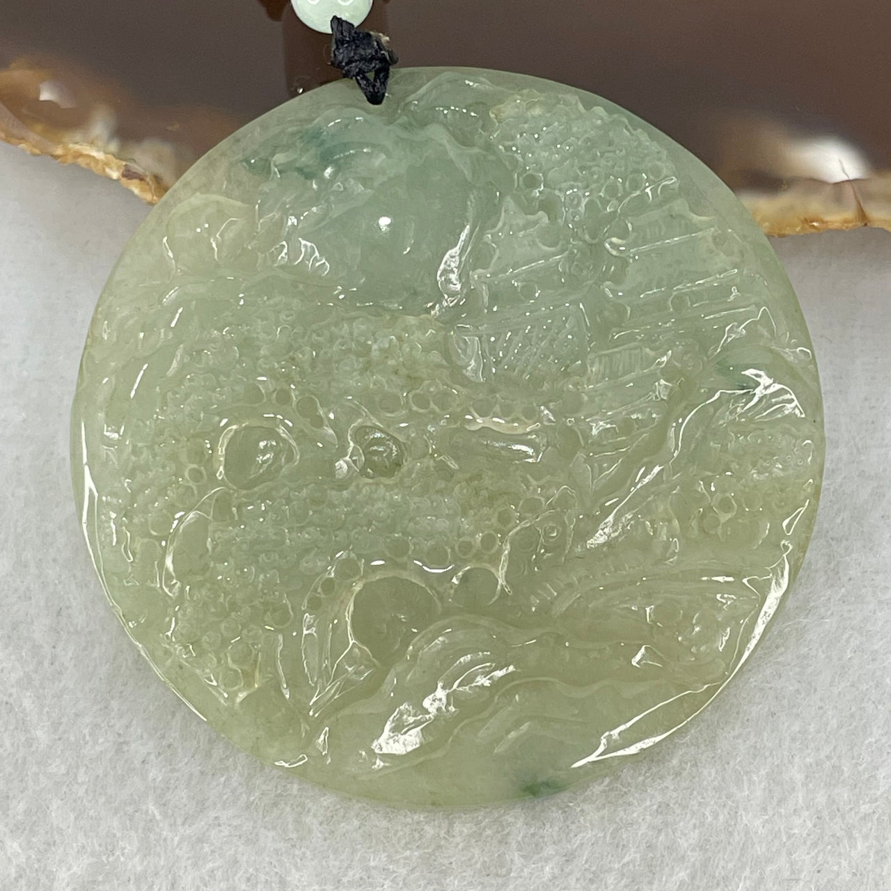 Type A Semi Icy Green Jadeite Double Sided Shan Shui with Gui Ren Benefactor Pendant 28.62g 53.4 by 4.9mm