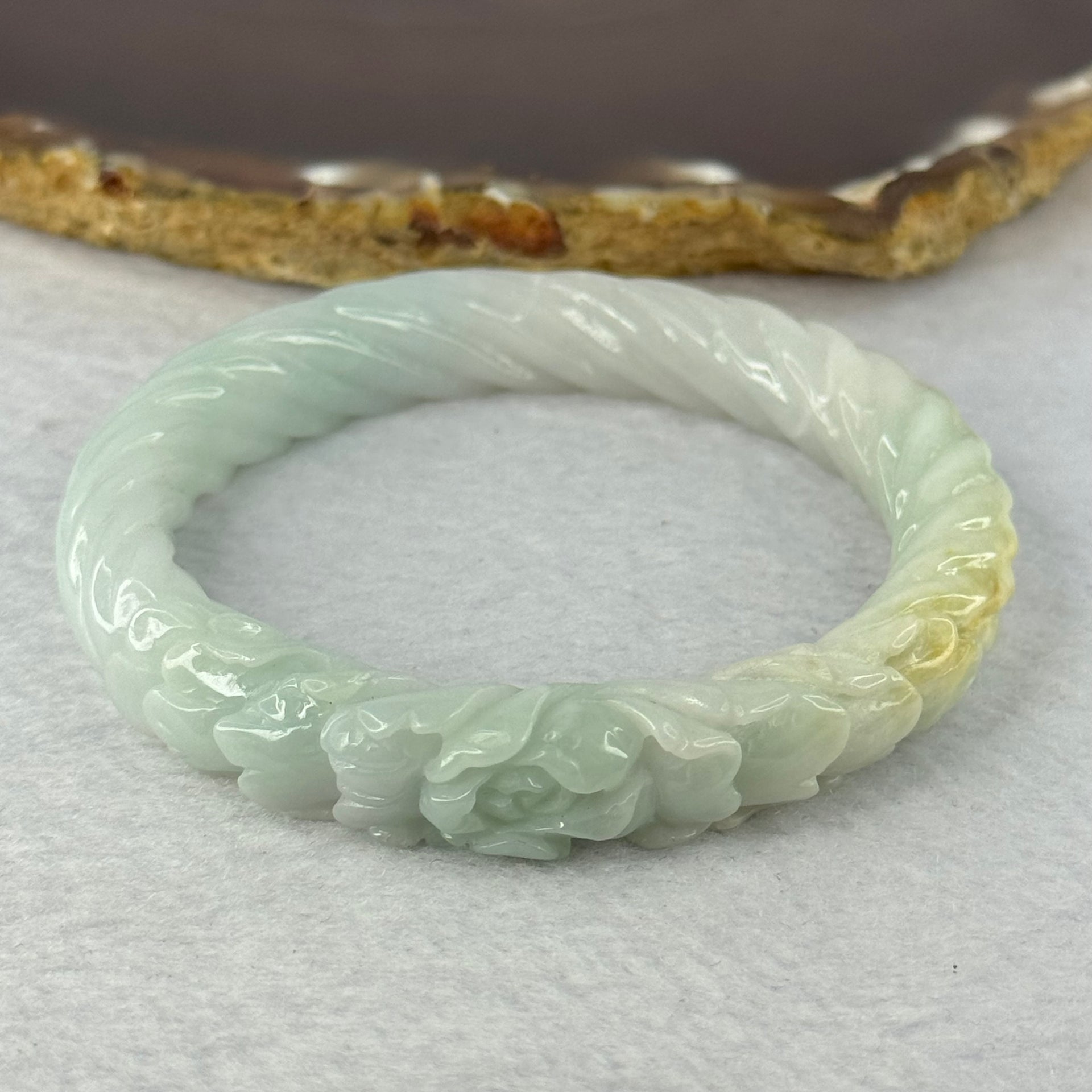 Type A Light Sky Blue with Yellow Patch Jadeite Flower Bangle 44.10g 11.7 by 9.0mm Inner Diameter 53.6mm - Huangs Jadeite and Jewelry Pte Ltd