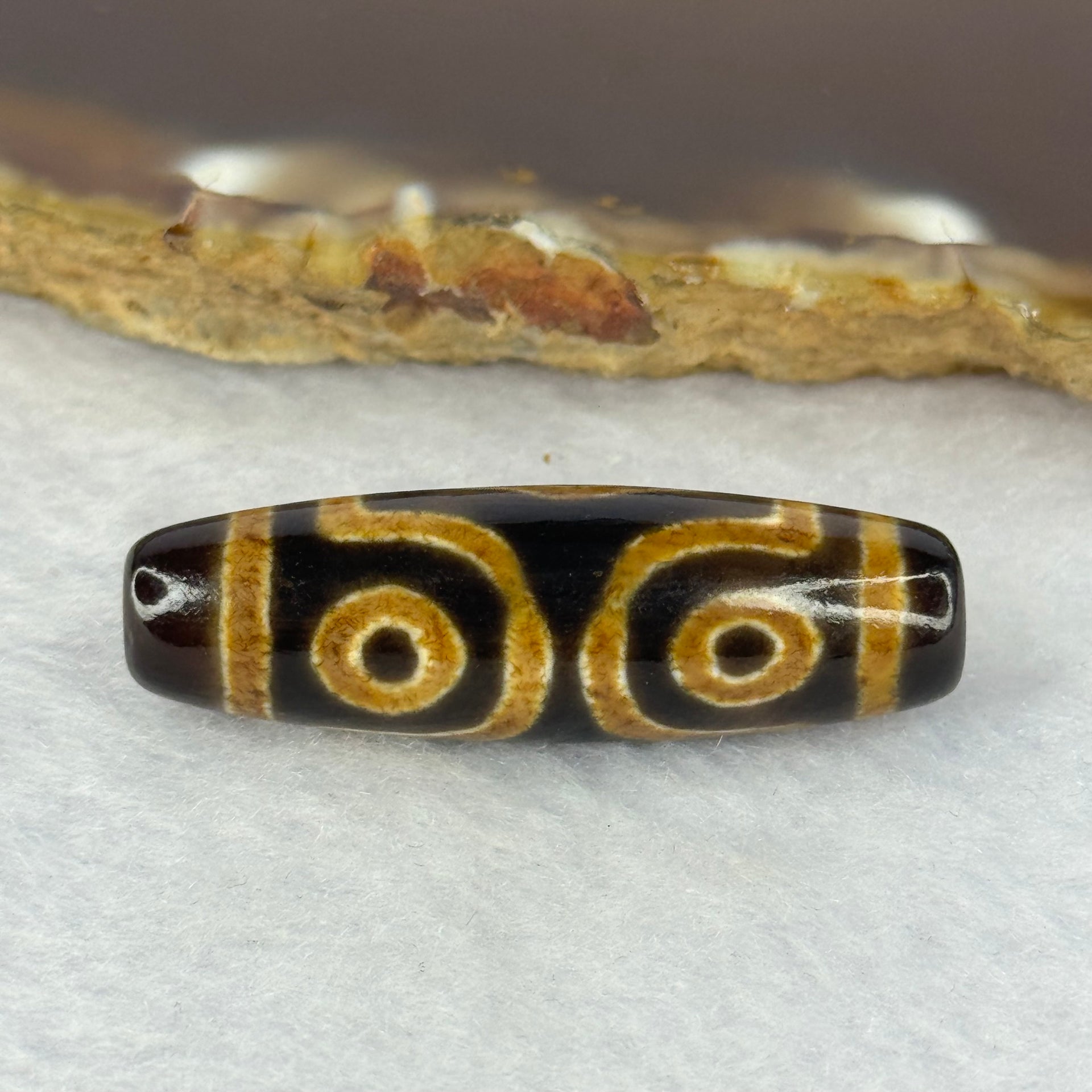 Natural Powerful Tibetan Old Oily Agate 3 Eyes Dzi Bead Heavenly Master (Tian Zhu) 三眼天诛 6.79g 36.3 by 11.2mm - Huangs Jadeite and Jewelry Pte Ltd