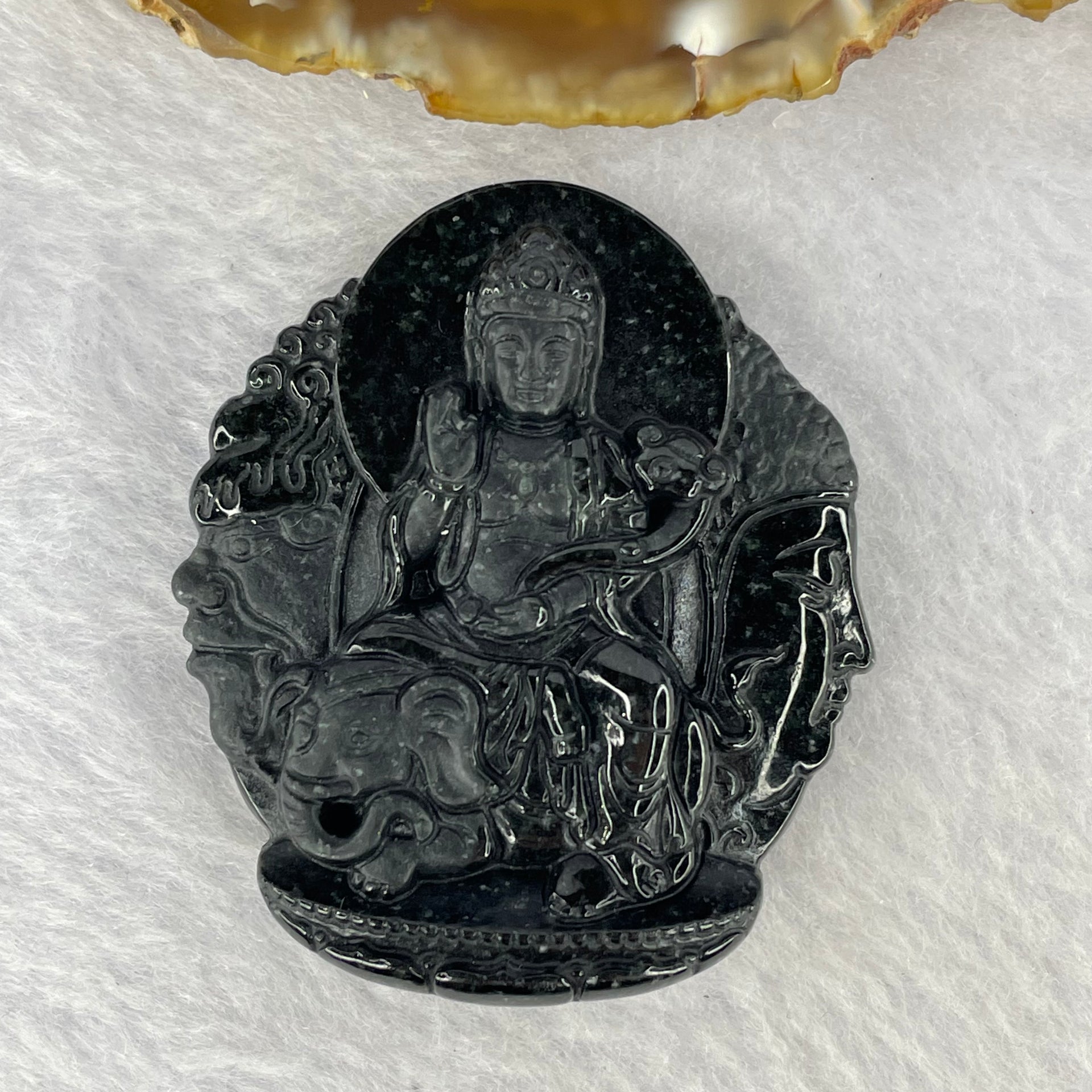 Type A Opaque Black Omphasite Jadeite Guan Yin on Elephant with Good VS Evil Pendent A货墨翠观音 46.80g 50.5 by 44.1 by 12.2mm - Huangs Jadeite and Jewelry Pte Ltd