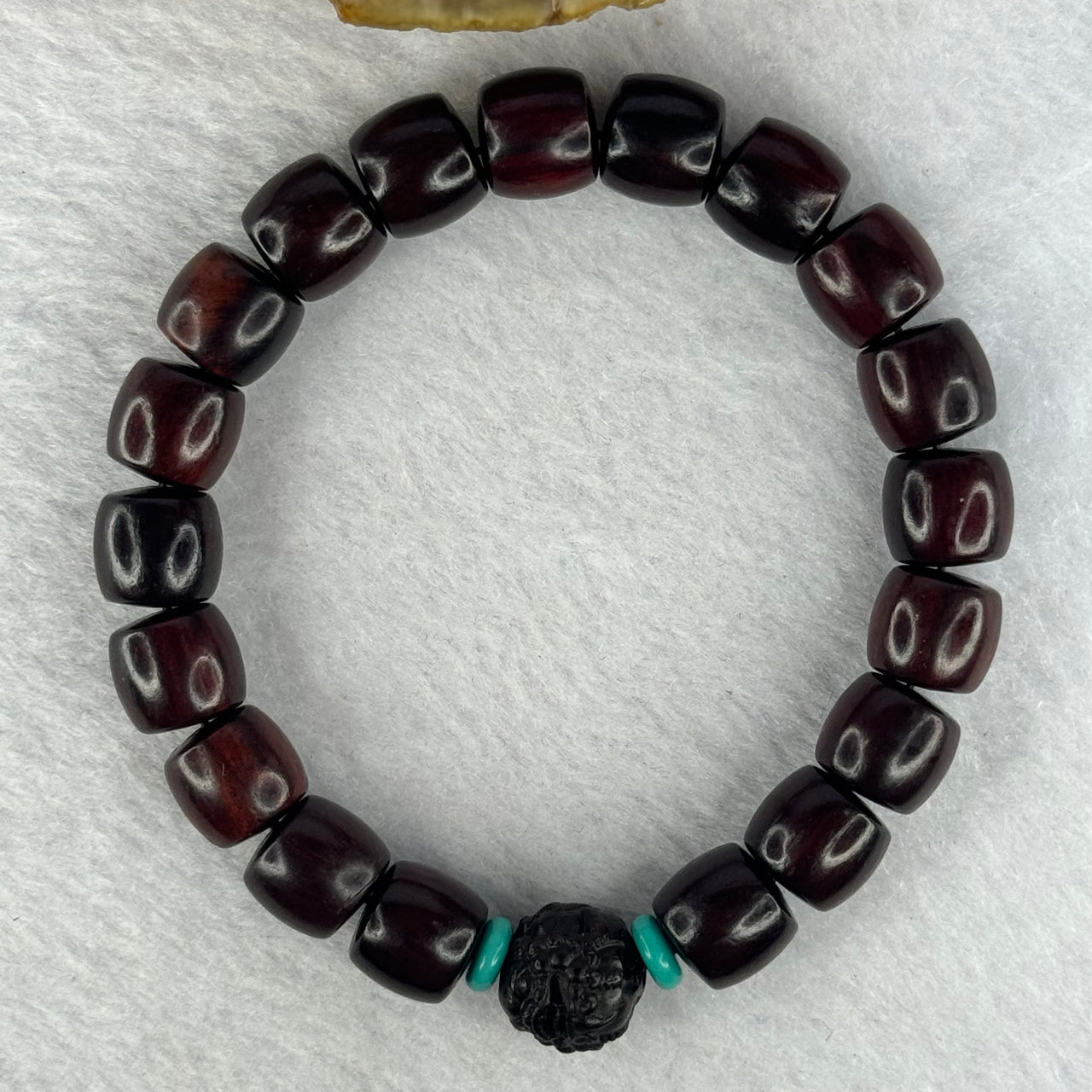 Natural Indian Small Leaf Zitan Wood Beads and Pixiu Bead with Turquoise Bracelet 印度小叶紫檀 14.31g 17cm 10.2mm 19 Beads - Huangs Jadeite and Jewelry Pte Ltd