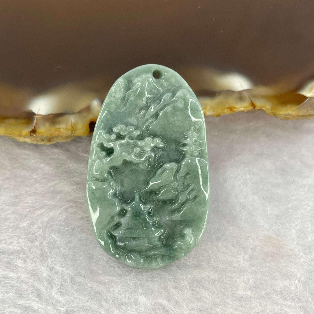 Type A Blueish Green Jadeite Scenary Shan Shui 山水 Pendant 6.77g 32.3 by 19.5 by 5.4mm - Huangs Jadeite and Jewelry Pte Ltd