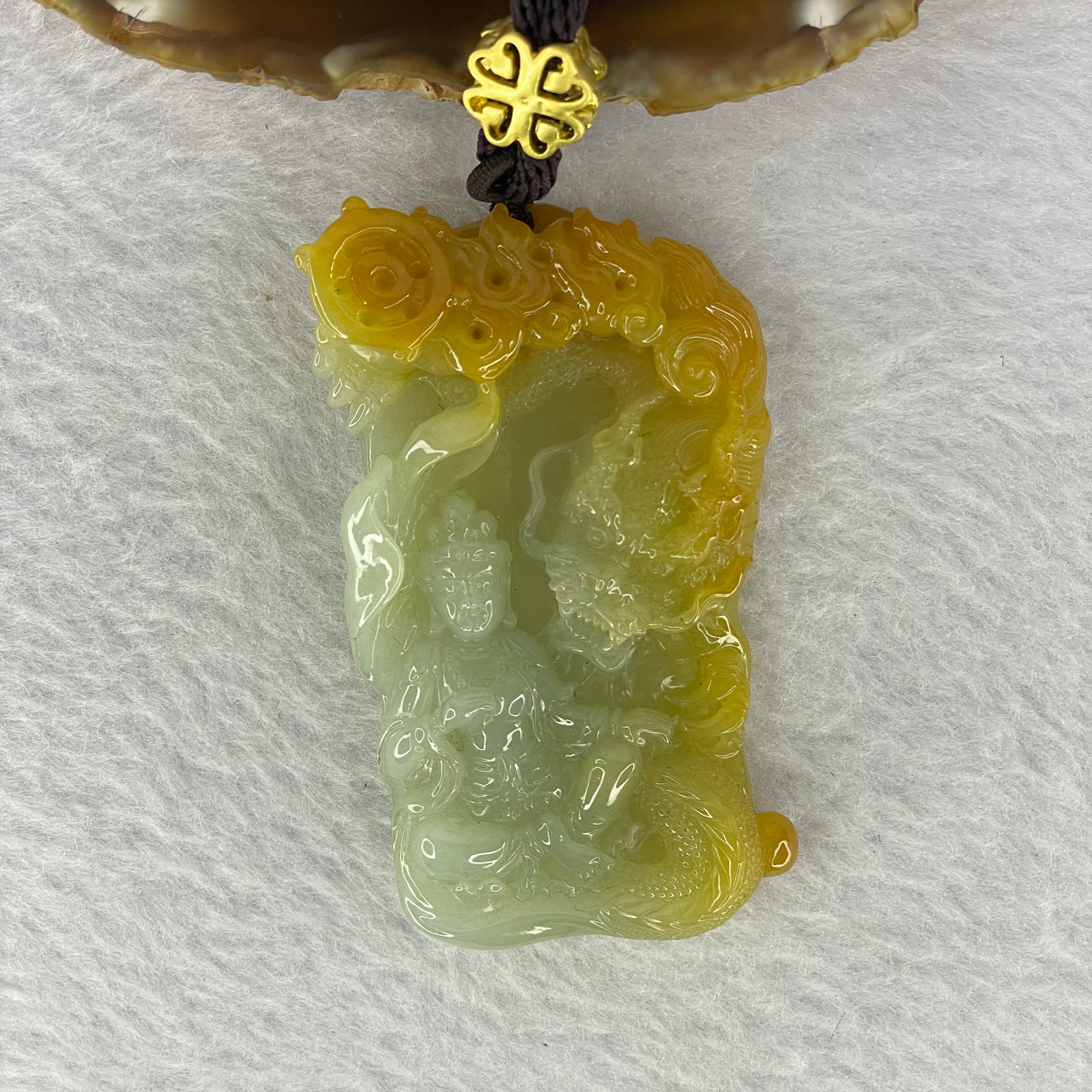 Grand Master Type A Green with Yellow Jadeite  Guan Yin and Dragon 御龙观音 Pendent 67.34g 68.0 by 41.3 by 13.4mm - Huangs Jadeite and Jewelry Pte Ltd