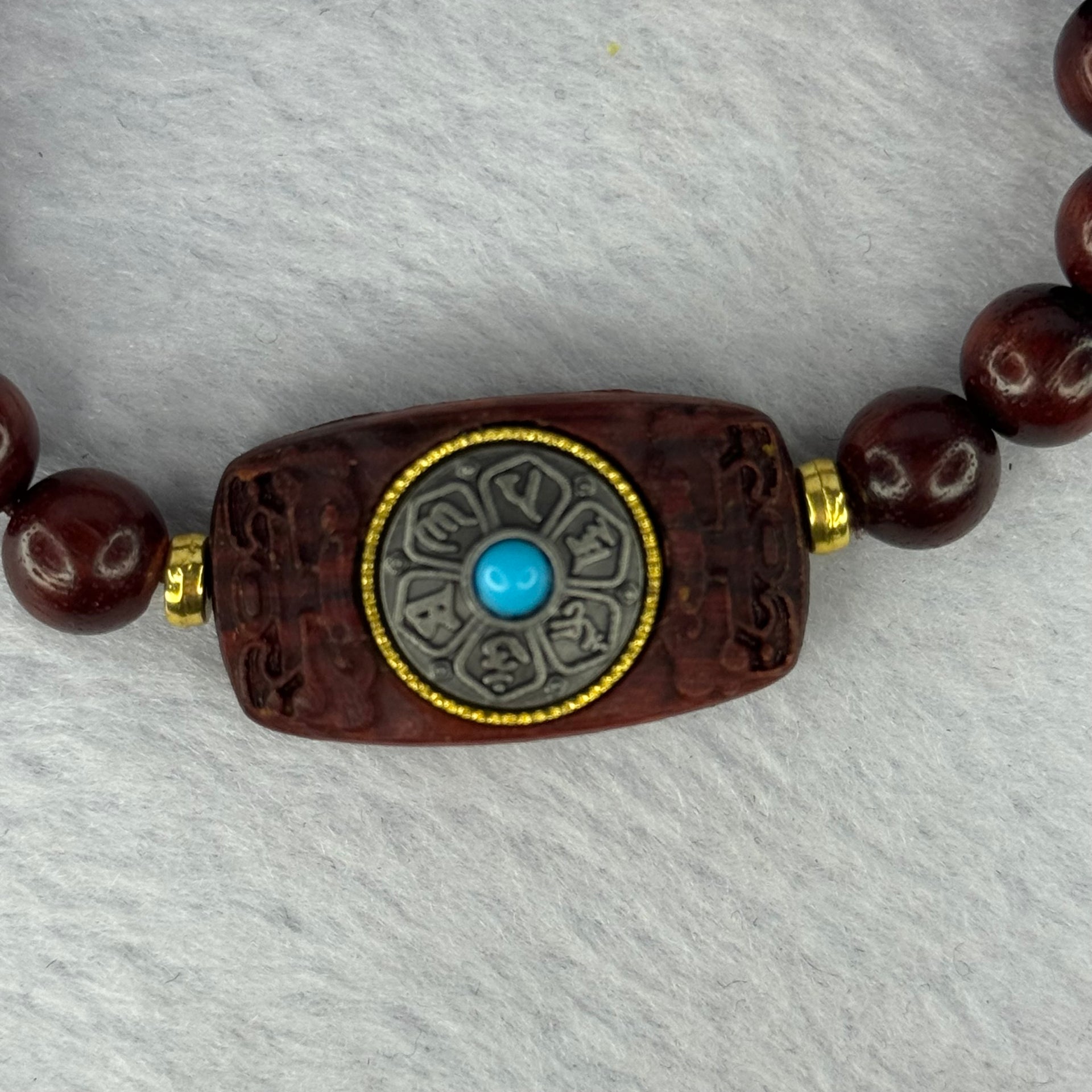 Natural Blood Zitan Beads with Rotating Turquoise Om Mani Padme Hum Powerful Mantra Bracelet 天然血檀木旋转唵嘛呢叭咪吽手链 10.89g 15cm 8.4mm 18 Beads / 30.6 by 17.3 by 7.4mm - Huangs Jadeite and Jewelry Pte Ltd