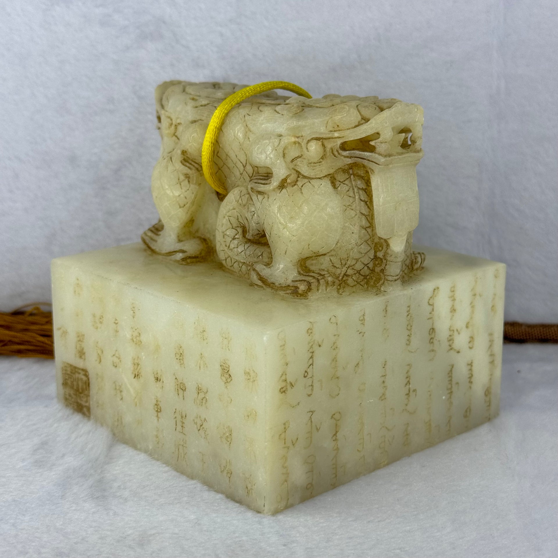 Rare Antique Natural Yellow White Nephrite Double Headed Dragon Seal 2,023.4g 101.4 by 101.0 by 110.0mm - Huangs Jadeite and Jewelry Pte Ltd