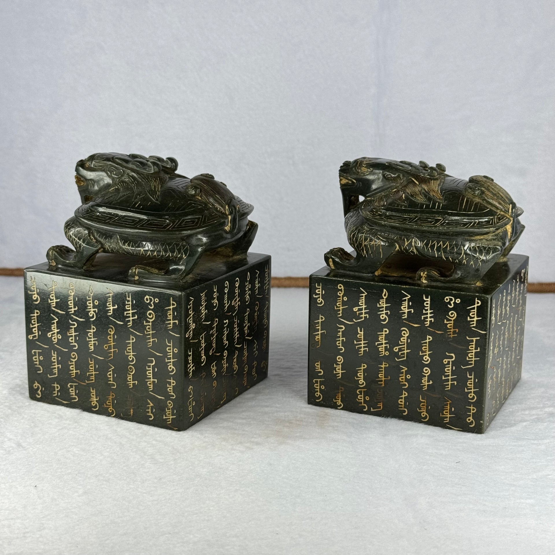 Rare Antique Natural Nephrite Dual Dragon Turtle Seal Set in Zitan Dragon Carvings Box Total Weight 4,853.2g 205.5 by 190.0 by 140.0mm each seal about 1,719.5g 84.7 by 82.3 by 113.1mm - Huangs Jadeite and Jewelry Pte Ltd