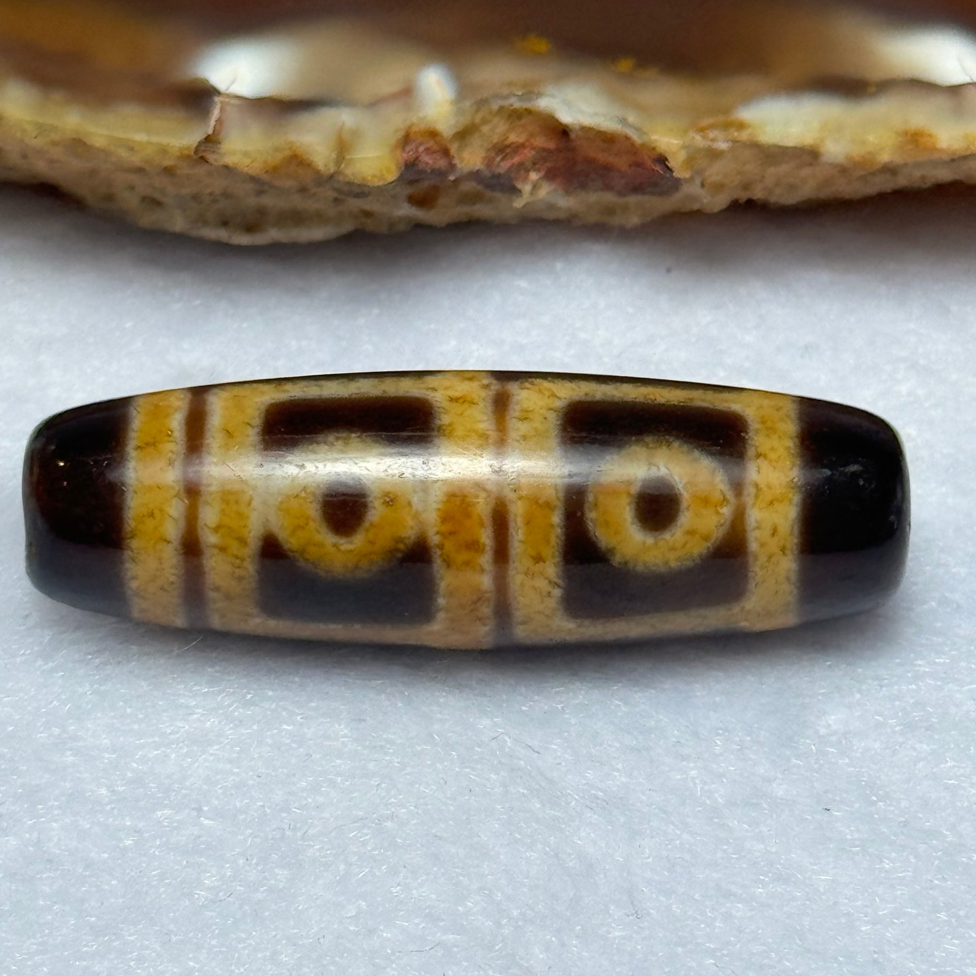 Natural Powerful Tibetan Old Oily Agate 4 Eyes Dzi Bead Heavenly Master (Tian Zhu) 四眼天诛 9.23g 39.0 by 12.5mm - Huangs Jadeite and Jewelry Pte Ltd