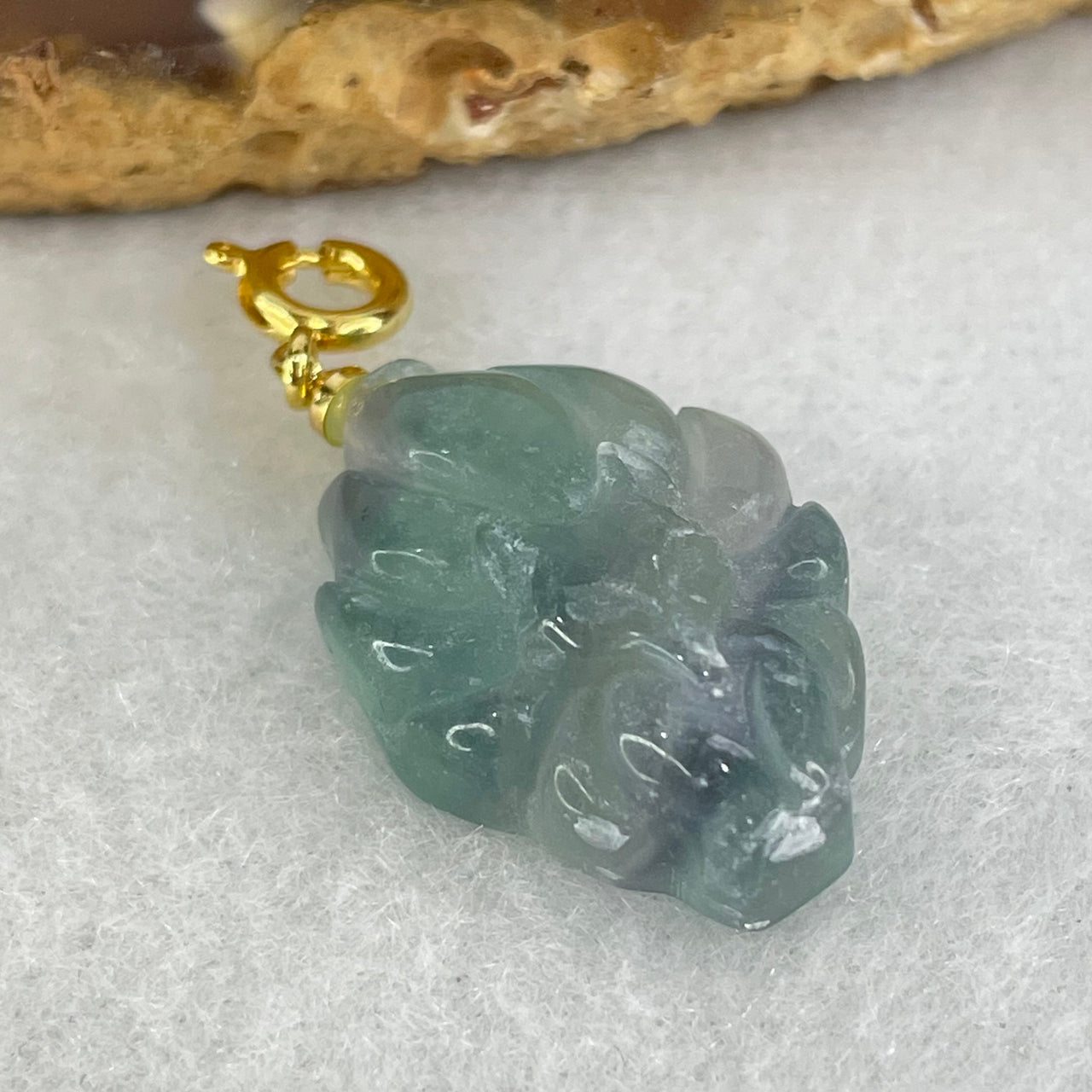 Natural Green and Purple Fluorite 9 Tail Fox Charm Pendant 4.73g 23.5 by 15.9 by 7.7mm