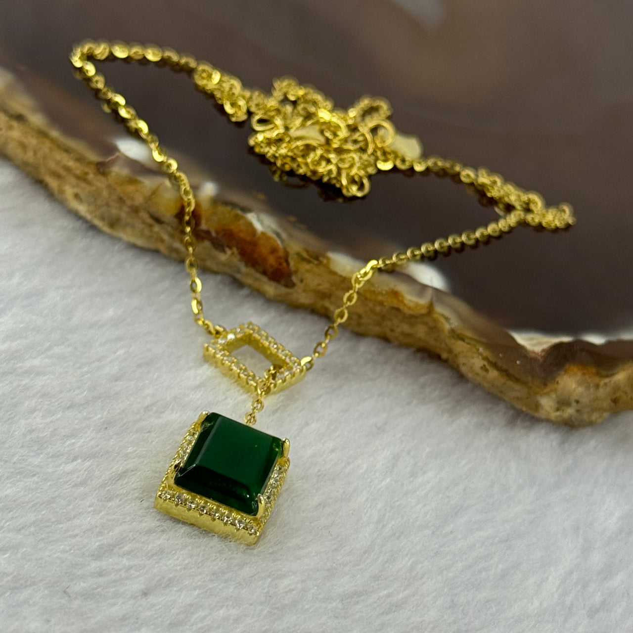 Type A Icy Green Jadeite Mini Wu Shi Pai 10.7 by 7.7 by 2.0mm with Crystals in S925 Sliver Gold Color Necklace 3.76g