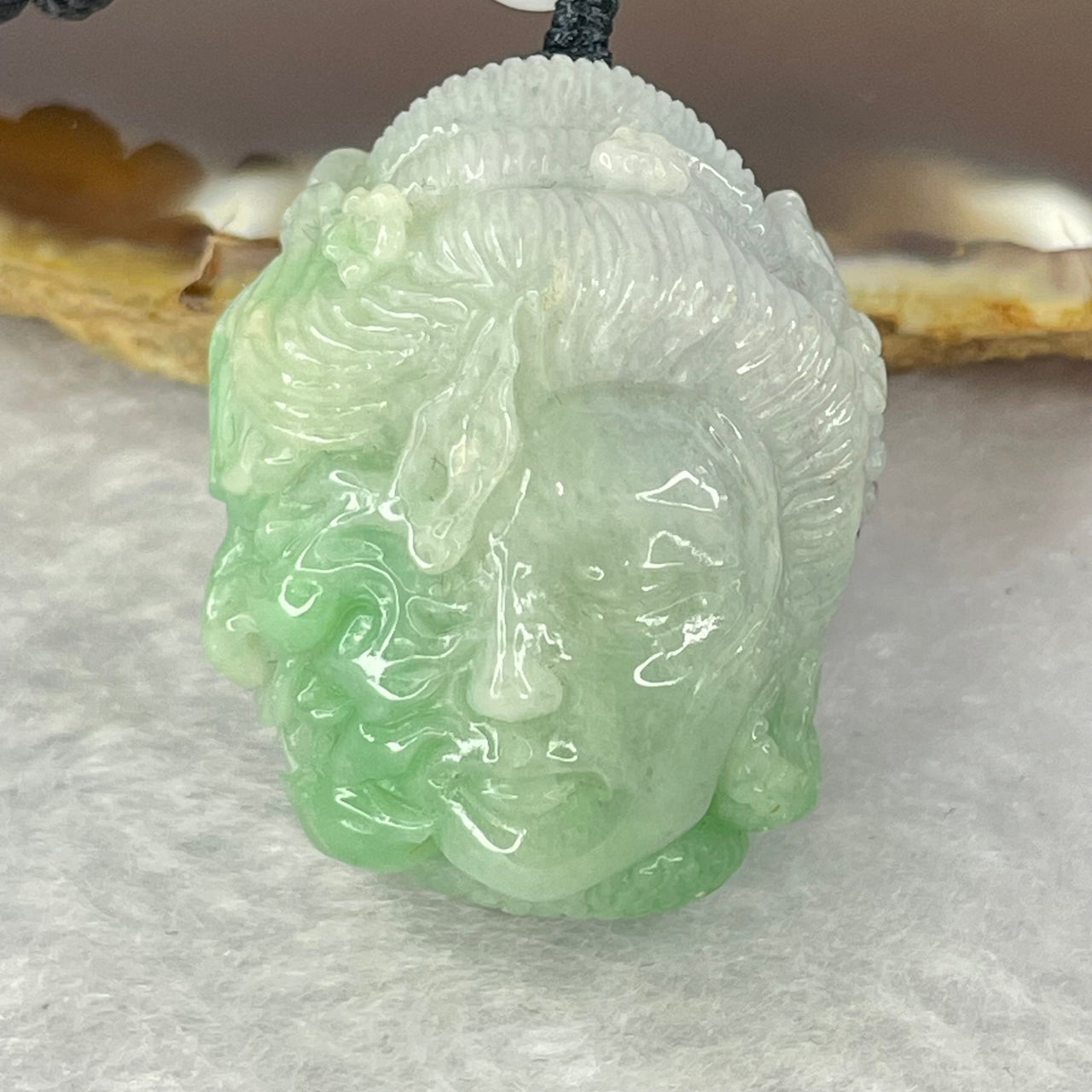 Type A Green with Wuji Grey Jadeite Good vs Evil Pendent 30.72g 31.6 by 24.7 by 23.6mm