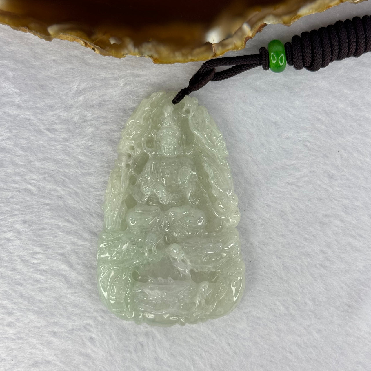 Type A Light Green Lavender Jadeite Guan Yin with 9 Dragons Pendent 51.21g 65.5 by 41.3 by 10.3mm - Huangs Jadeite and Jewelry Pte Ltd