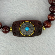 Natural Blood Zitan Beads with Rotating Turquoise Om Mani Padme Hum Powerful Mantra Bracelet 天然血檀木旋转唵嘛呢叭咪吽手链 10.86g 15cm 8.3mm 18 Beads / 30.1 by 17.5 by 6.8mm - Huangs Jadeite and Jewelry Pte Ltd