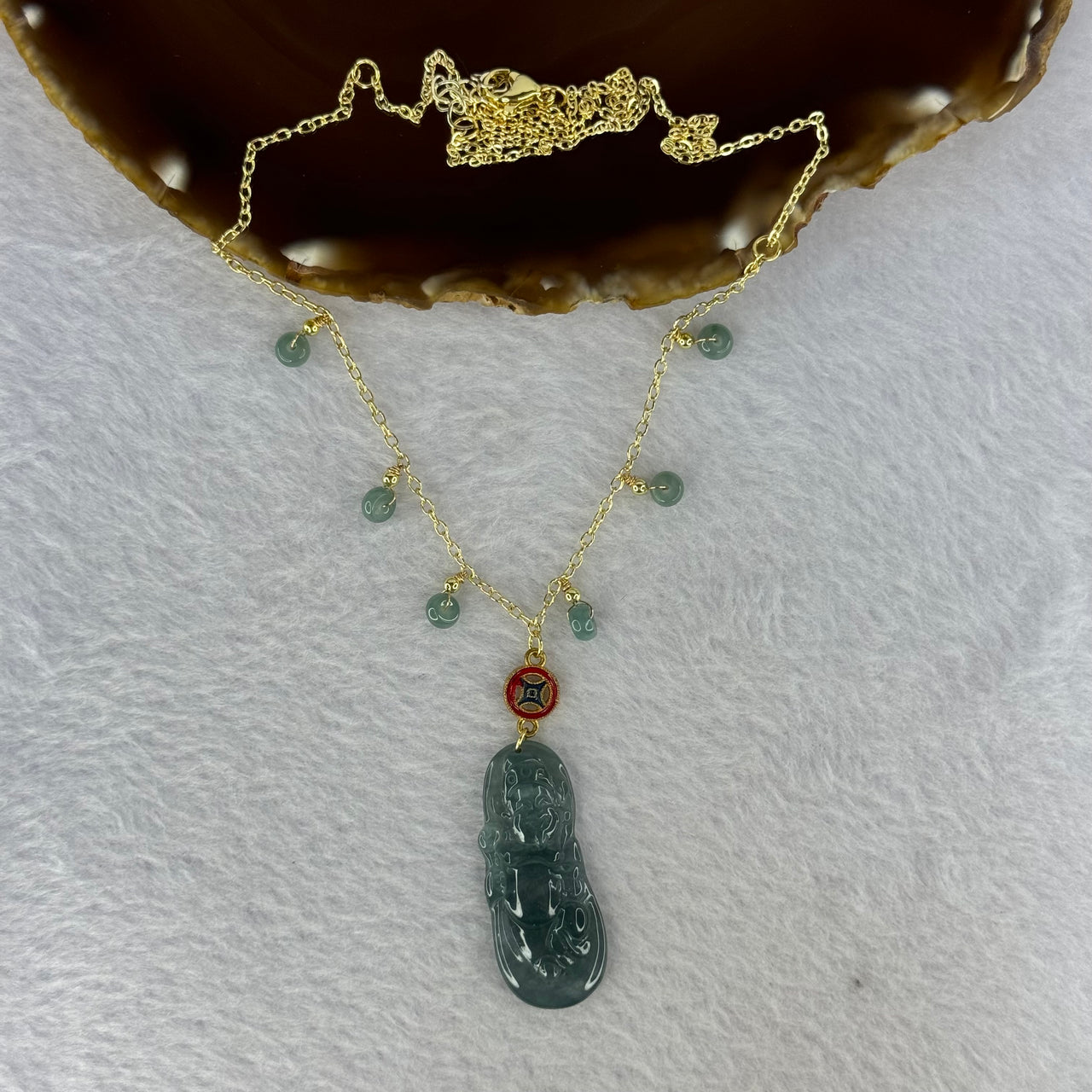 Type A Icy Blueish Green Jadeite God of Fortune Cai Shen Ye Pendent In Gold Color Necklace 8.61g 38.2 by 15.8 by 3.8mm