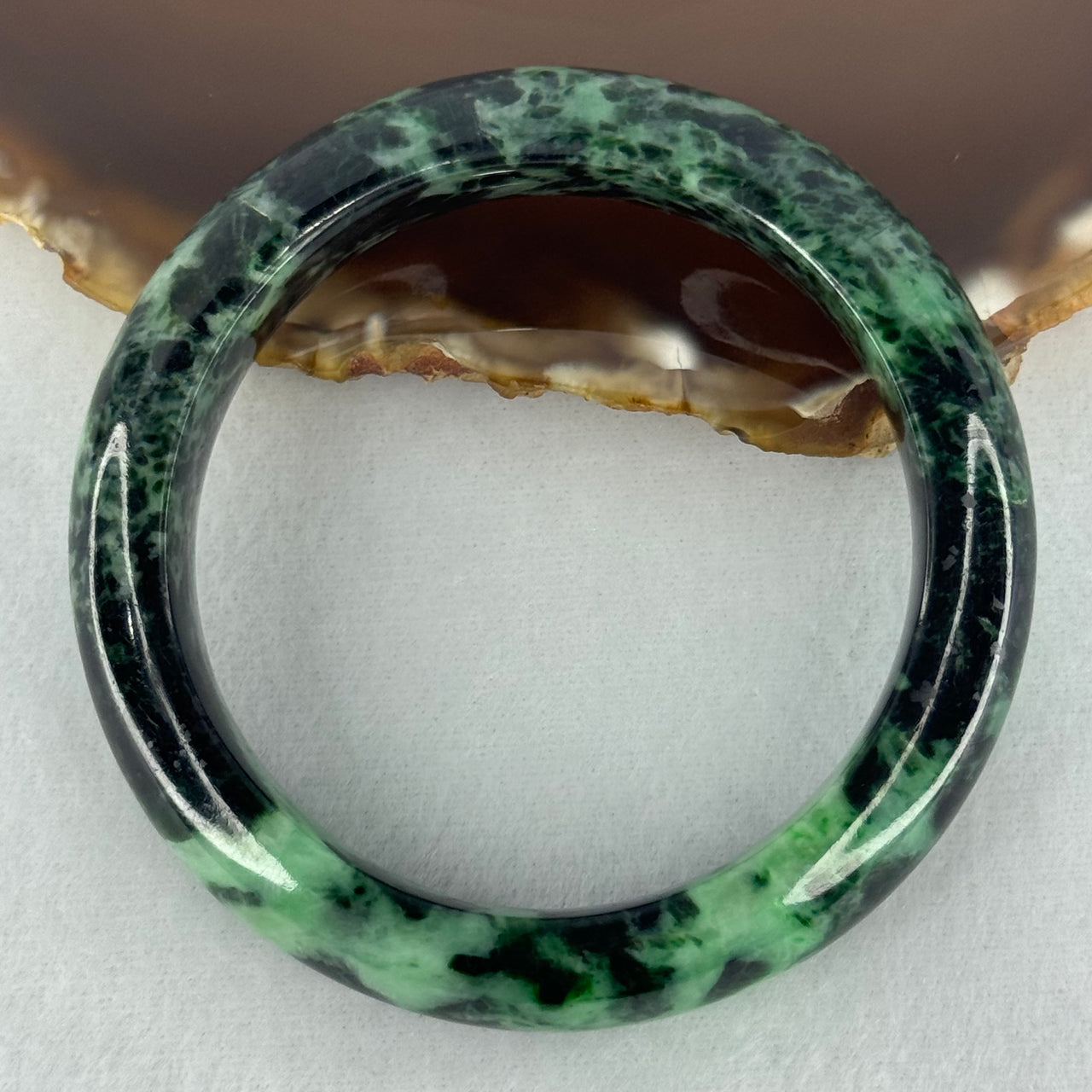 Type A Opaque to Slightly Translucent Dark Green with Apple and Emerald Green Jadeite Bangle Internal Diameter 56.0mm 75.24g 14.9 by 9.6mm (Slight Internal Lines)