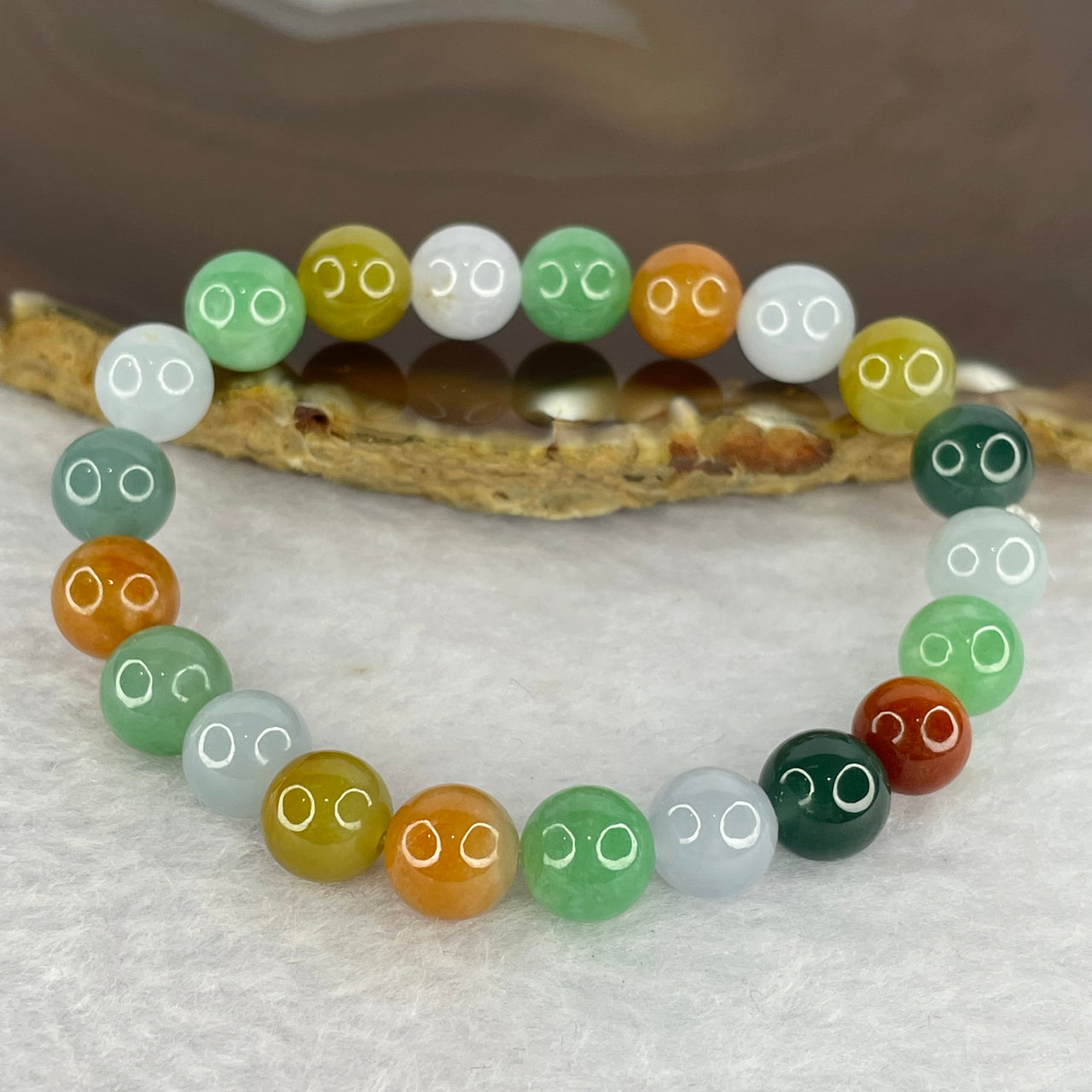 High Grade Type A Multi Color Jadeite Bracelet 21 Beads 22.45g 8.6mm - Huangs Jadeite and Jewelry Pte Ltd