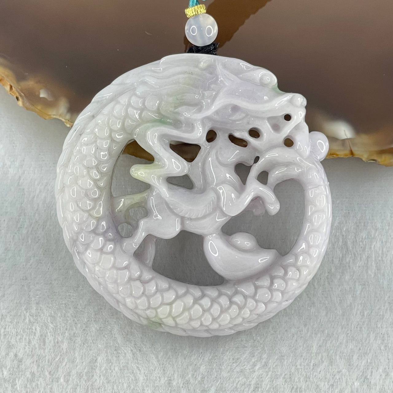 Type A Lavender with Green and Yellow Patches Jadeite Dragon and Horse with Gold Ingot Pendant 45.54g 53.3 by 53.7 by 12.9mm