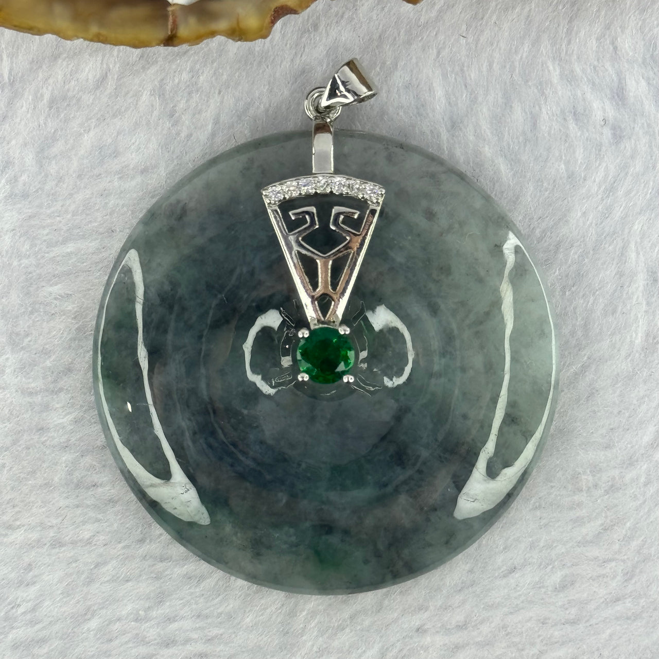 Type A Wuji Grey with Green Jadeite Ping An Kou Donut Pendent with Sliver Clasp 25.74g