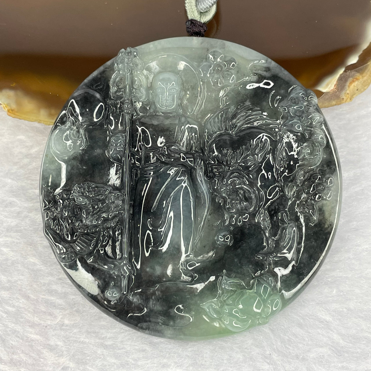 Semi Icy Type A Wuji Grey with Faunt Green Jadeite Ksitigarbha Bodhisattva, 地藏王菩萨, the Bodhisattva of Great Aspiration 39.6g 57.0 by 6.6mm - Huangs Jadeite and Jewelry Pte Ltd