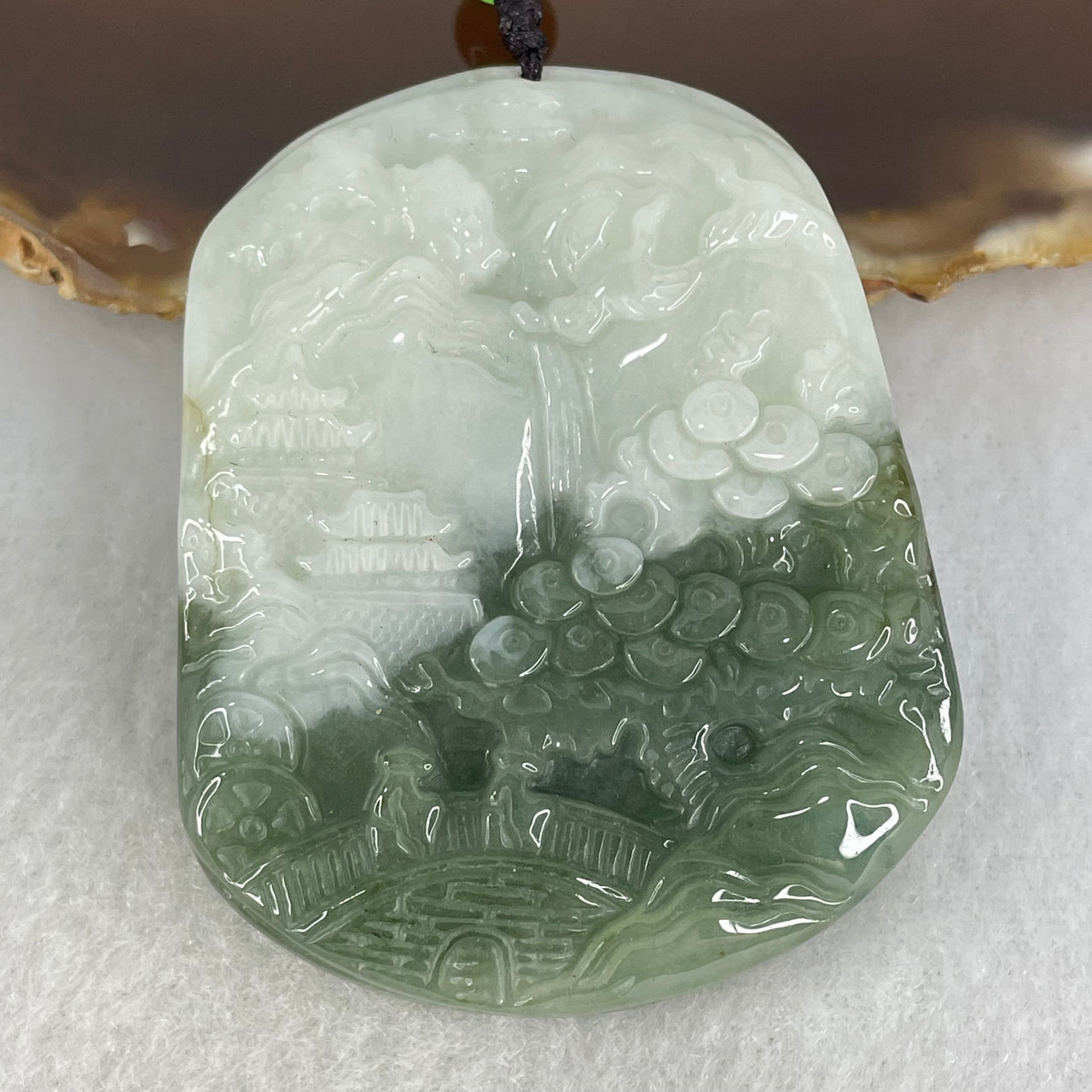 Type A Light Green with Blueish Green Jadeite Shan Shui Double Gui Ren Benefactor Pendant 45.80g 54.1 by 43.8 by 9.0mm