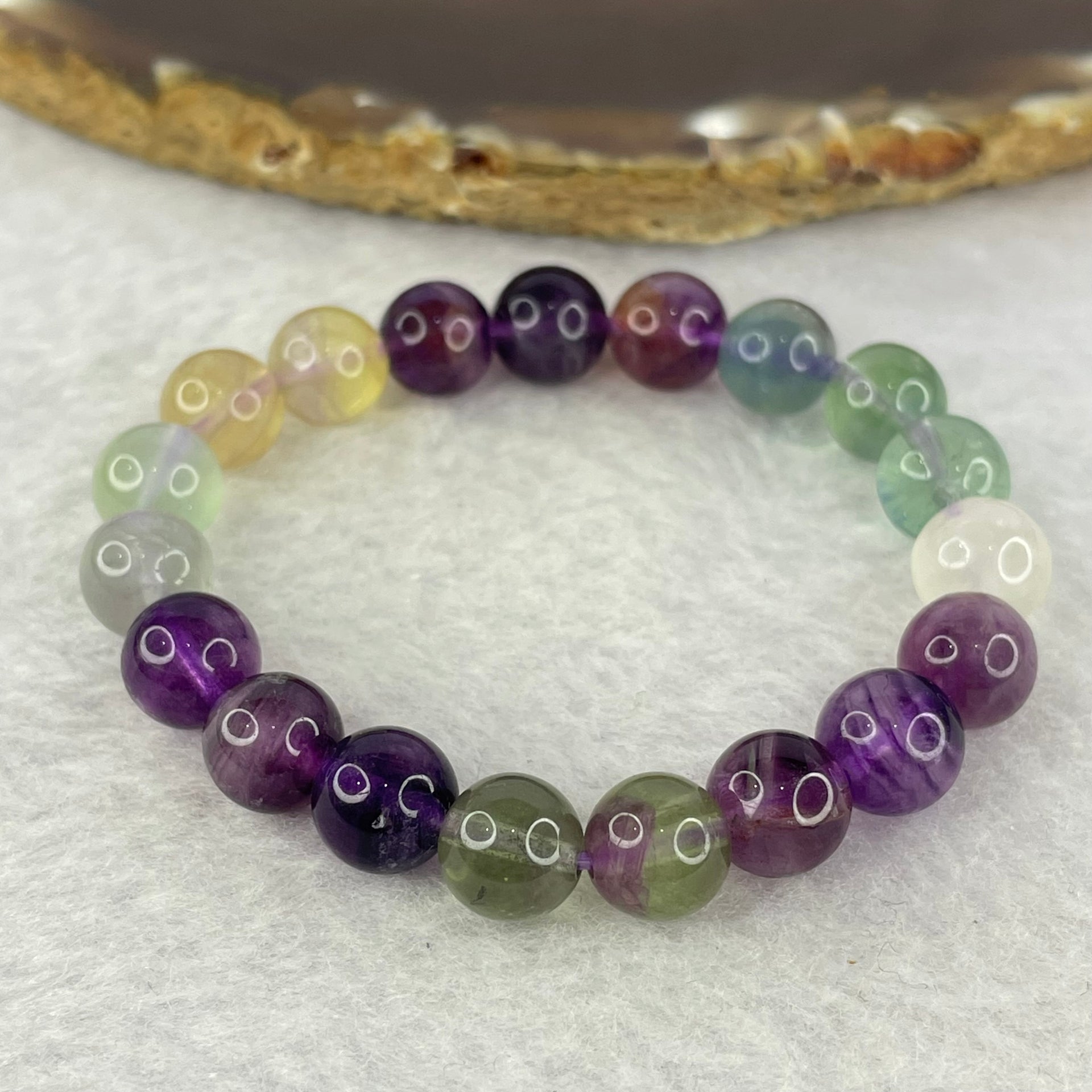 Natural Purple Green Yellow Fluorite Beads Bracelet 20.05g 8.6mm by 19 Beads 13cm - Huangs Jadeite and Jewelry Pte Ltd