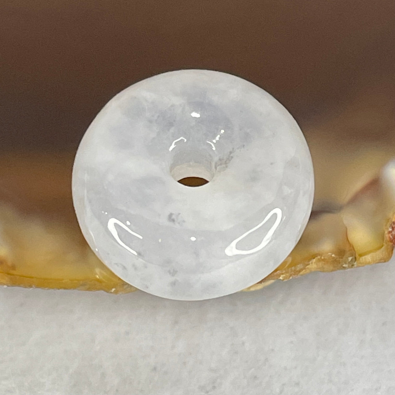 Type A Semi Icy Faint Lavender To White With Wuji Grey Spots Jadeite Ping An Kou Donut Pendant 2.90g 14.4 by 6.9mm