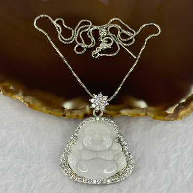 Type A Lavender Jadeite Milo Buddha Pendent with Crystals in S925 Sliver Necklace 10.53g 25.3 by 24.8 by 4.0mm