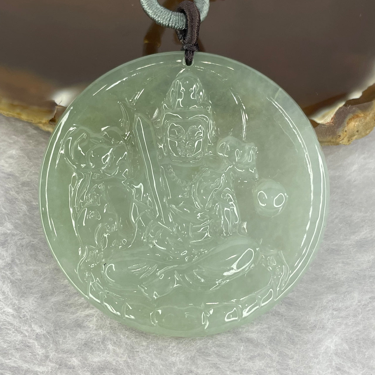 Type A Semi Icy Light Green Jadeite Guan Yin Pendant 24.18g 48.4 by 4.8mm - Huangs Jadeite and Jewelry Pte Ltd