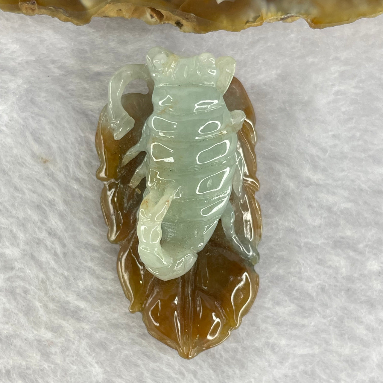 Type A Brown with Green Jadeite Scorpion on Leaf 13.93g 40.0 by 22.7 by 15.7mm - Huangs Jadeite and Jewelry Pte Ltd