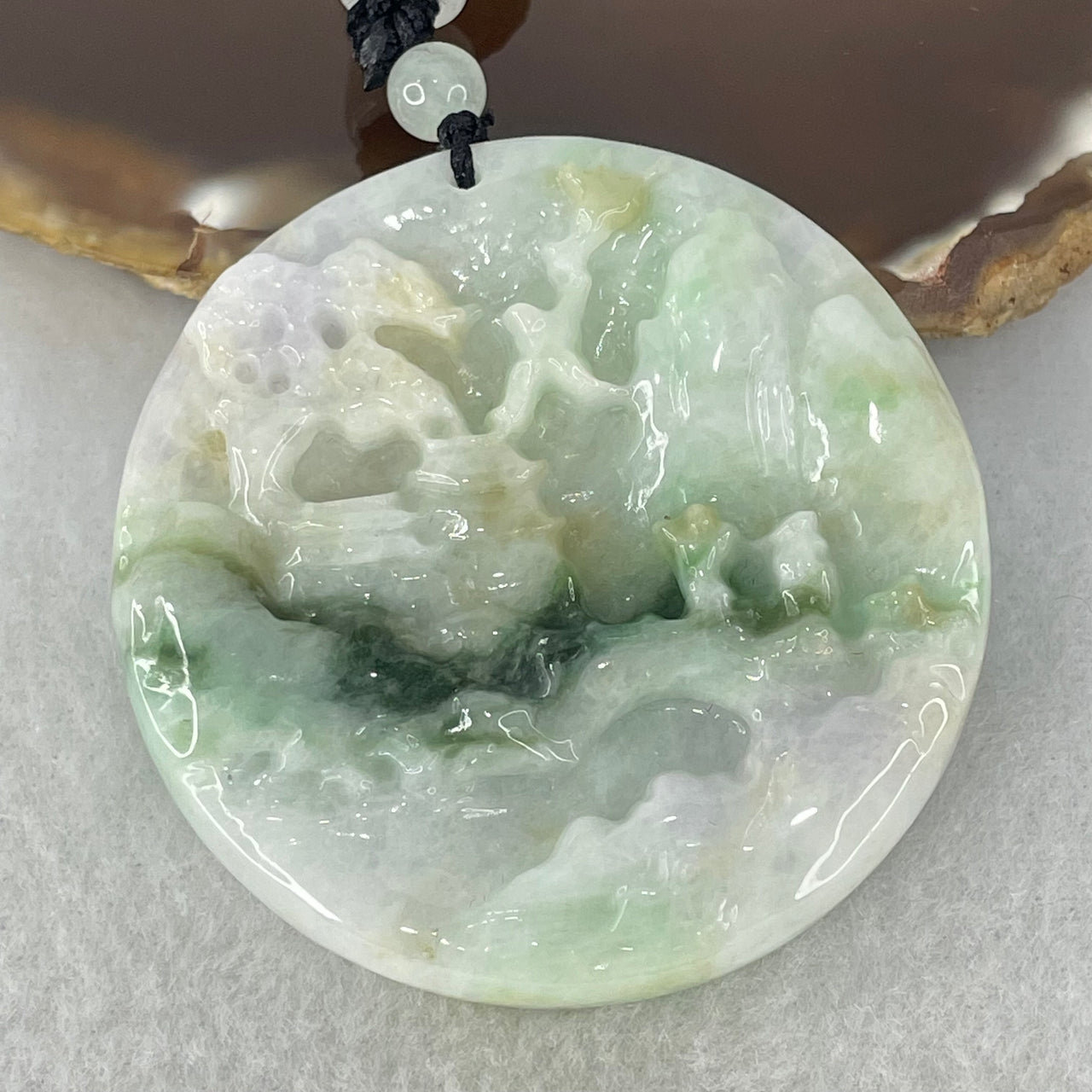 Type A Green Lavender Brown Jadeite Shan Shui with Double Gui Ren Benefactor Pendant 57.94g 53.3 by 9.9mm