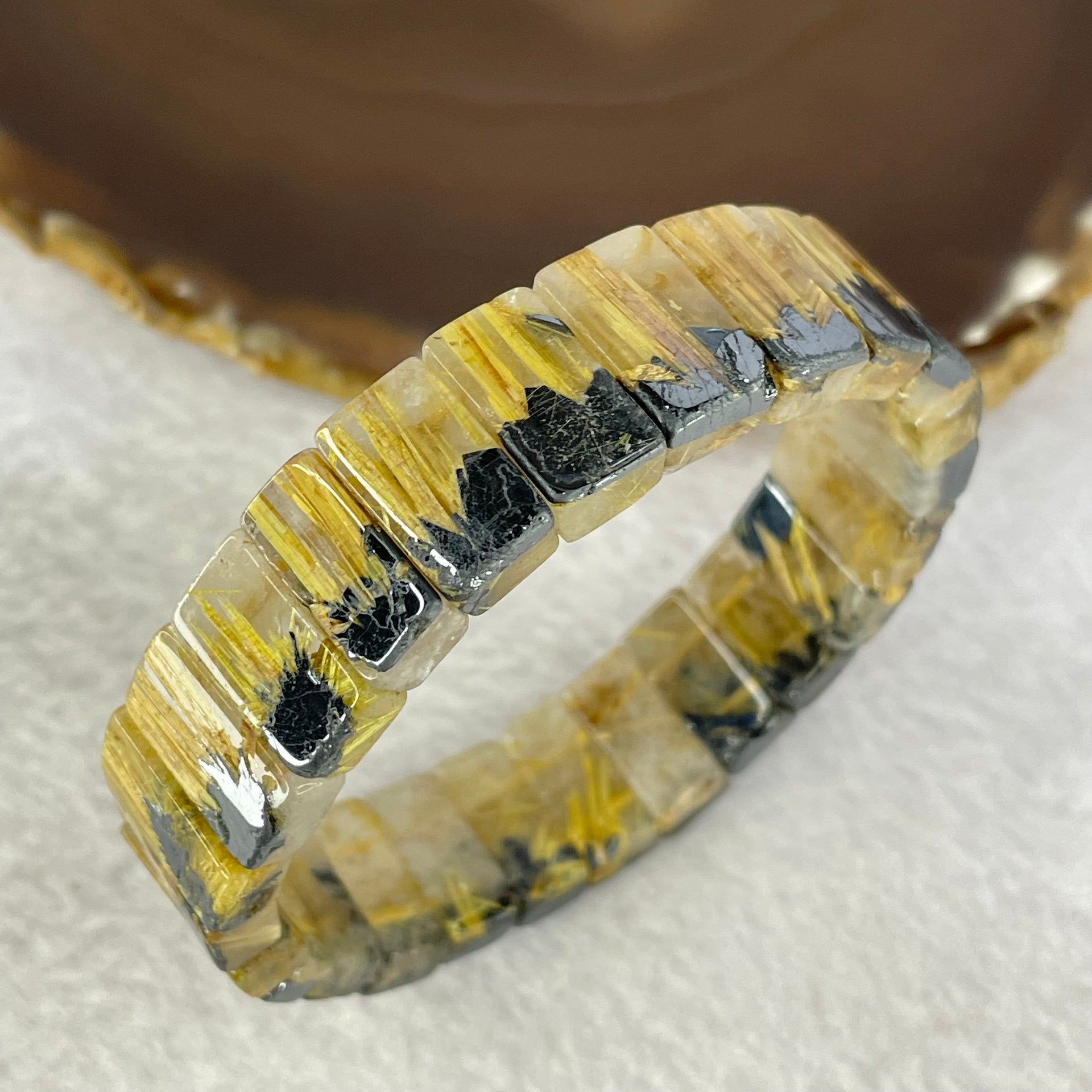 Rare Certified High Grade Natural Golden Rutilated Quartz Bracelet Shou Pai 天然高级金顺发水晶手牌手链 50.63g 18cm 15.7 by 9.9 by 6.2mm 25 pcs - Huangs Jadeite and Jewelry Pte Ltd