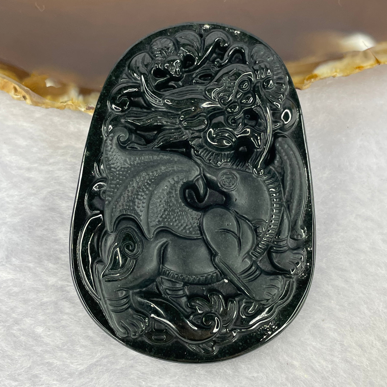 Type A Partial Translucent Black Omphasite Jadeite Flying Dragon with Bat Pendent A货墨翠飞龙蝙蝠牌 29.24g 61.3 by 44.2 by 9.3 mm - Huangs Jadeite and Jewelry Pte Ltd