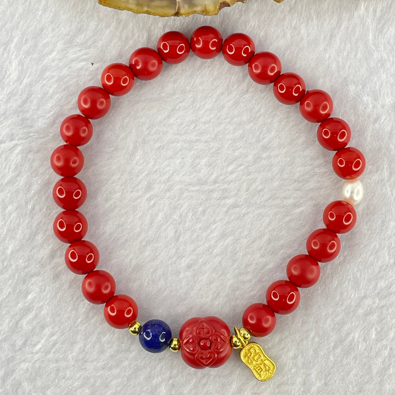 Natural Red Cinnabar Beads with Lapis Lazuli and Pearl Bracelet 18.90g 16cm 10.4 by 8.9mm 7.2mm 23 Beads