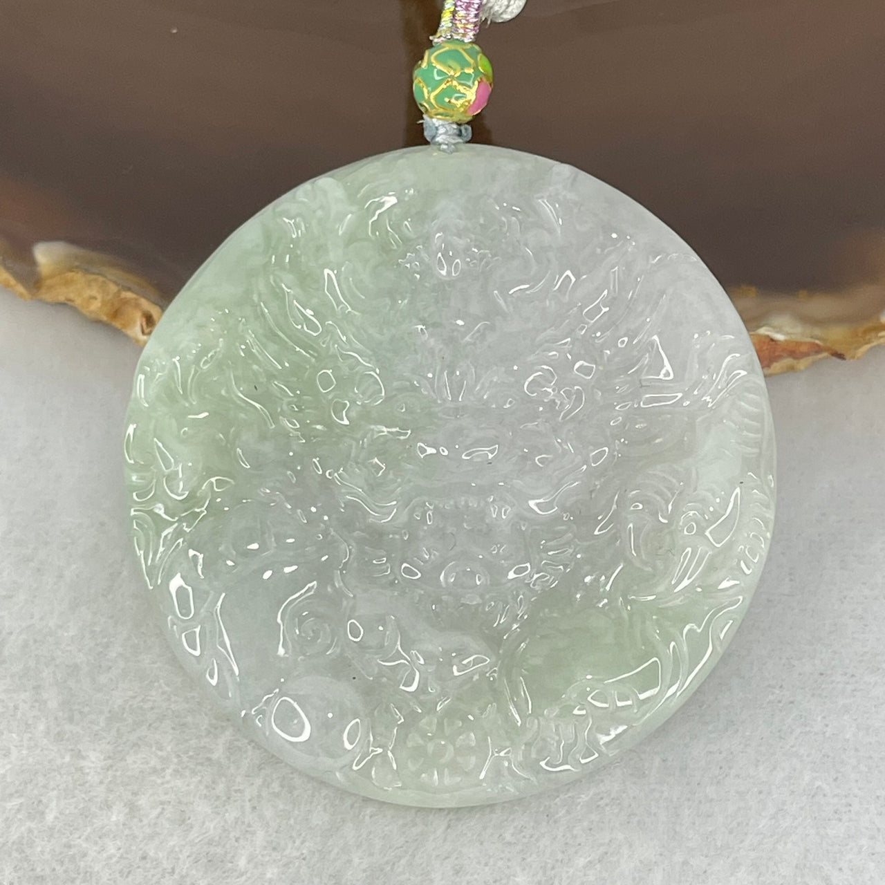 Type A Lavender Green Jadeite Double Sided Dragon Pendant 54.77g 47.7 by 11.6mm