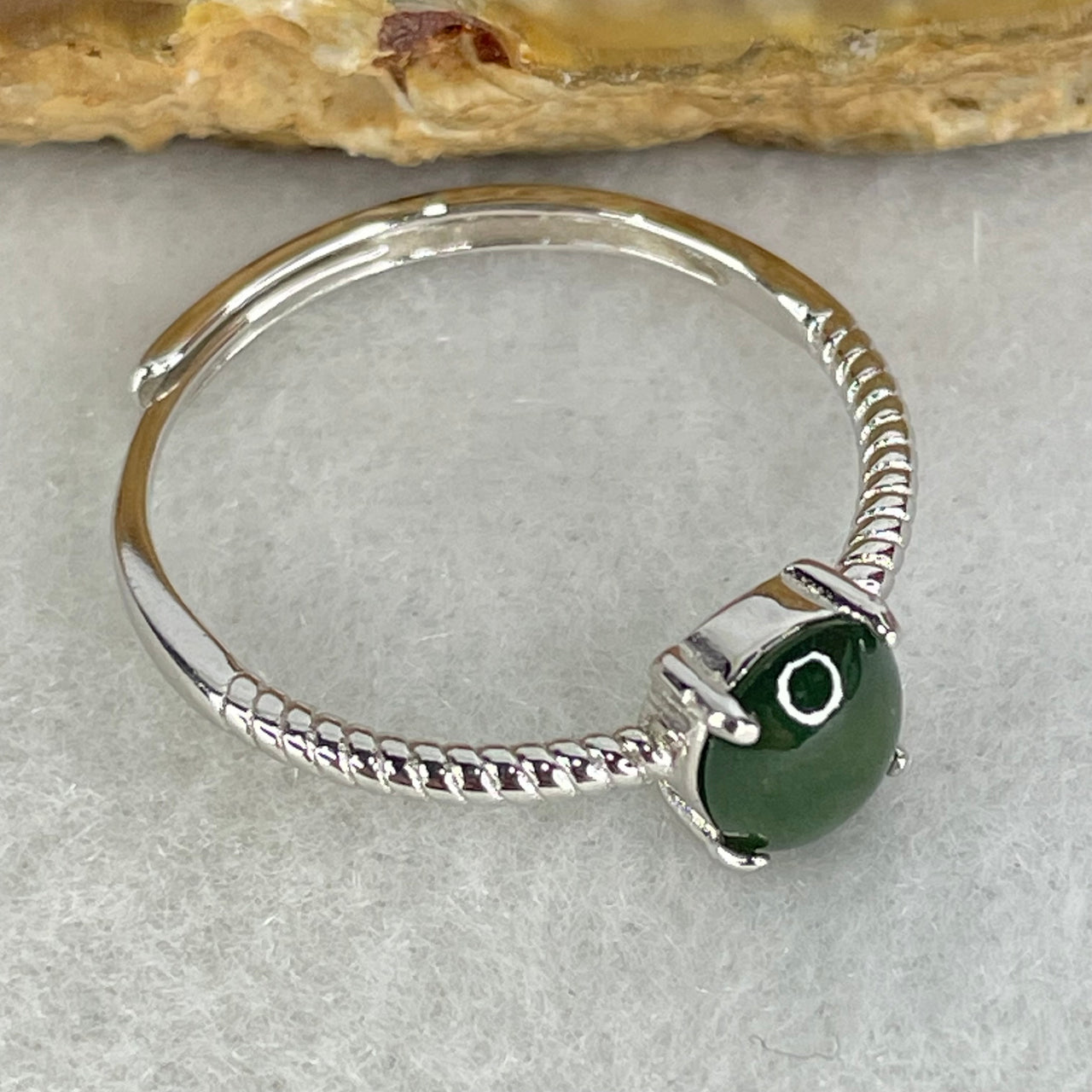 Type A Dark Green Cabochon Jadeite in S925 Sliver Ring (Adjustable Size) 1.15g 6.6 by 5.8 by 2.5mm