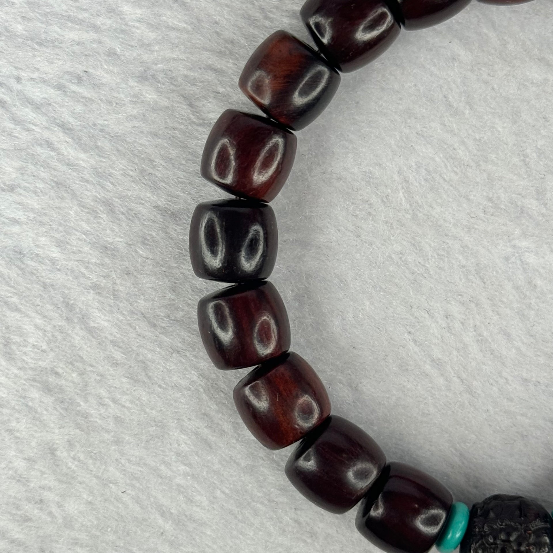 Natural Indian Small Leaf Zitan Wood Beads and Pixiu Bead with Turquoise Bracelet 印度小叶紫檀 14.31g 17cm 10.2mm 19 Beads - Huangs Jadeite and Jewelry Pte Ltd