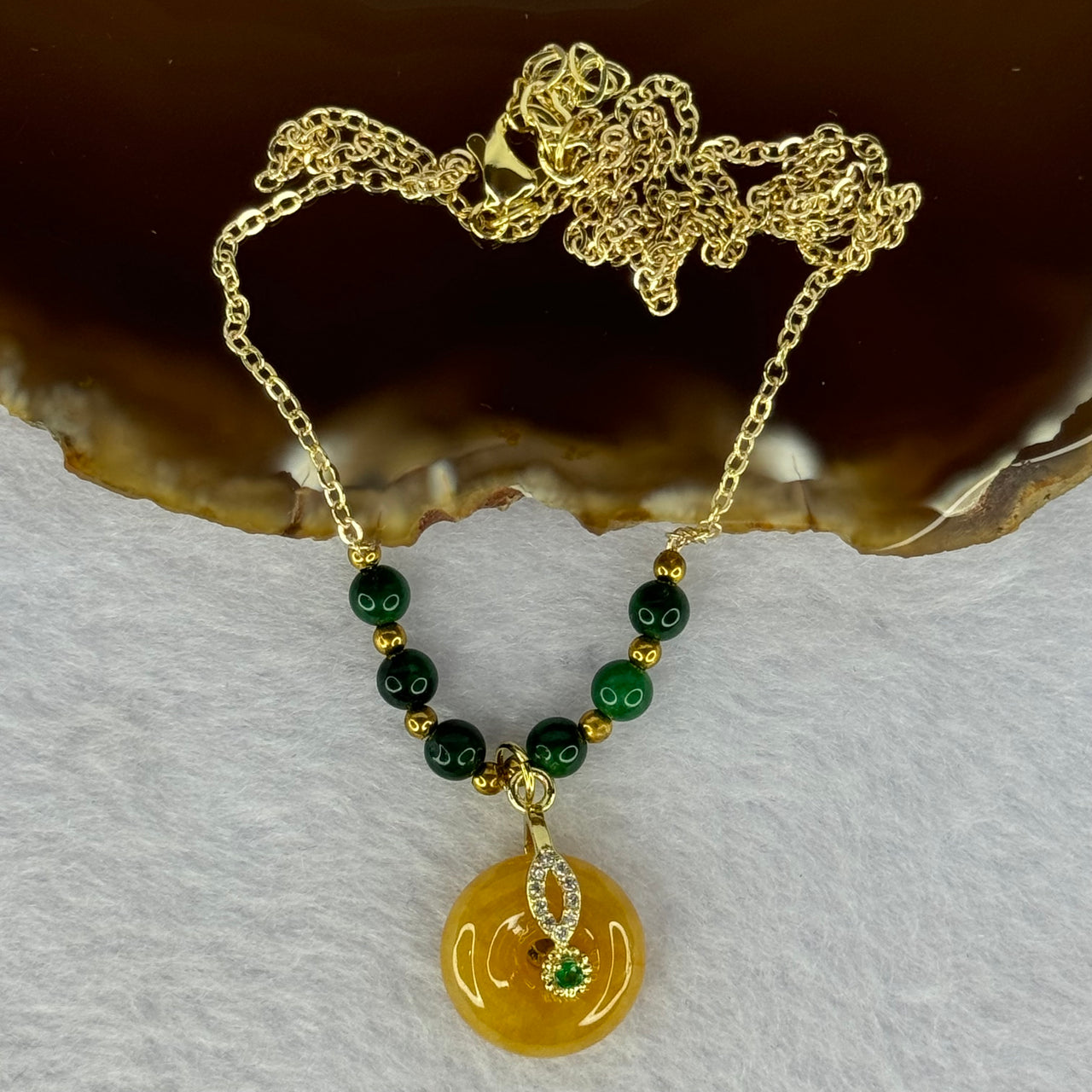 Type A Yellow Jadeite Ping An Kou Donut in S925 Gold Color Necklace 5.70g 14.7 by 5.3mm