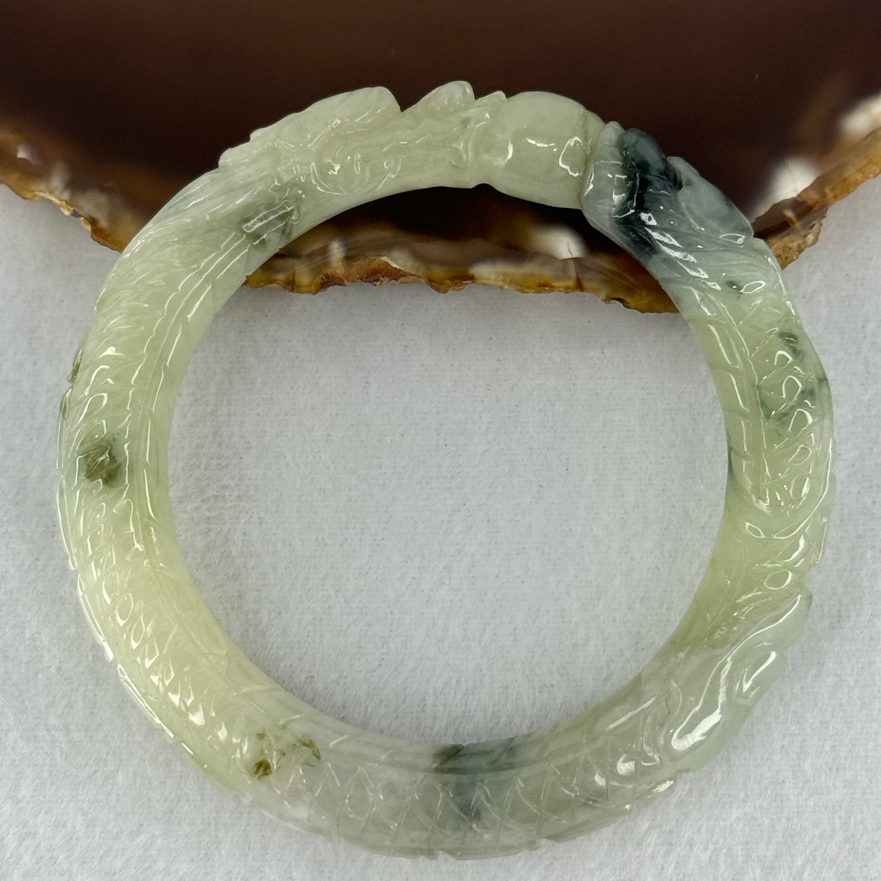 Type A Light Green with Moss Green Piao Hua Jadeite Dragon Bangle Internal Diameter 57.1mm 62.53g 11.5 by 12.4mm (Internal Line)